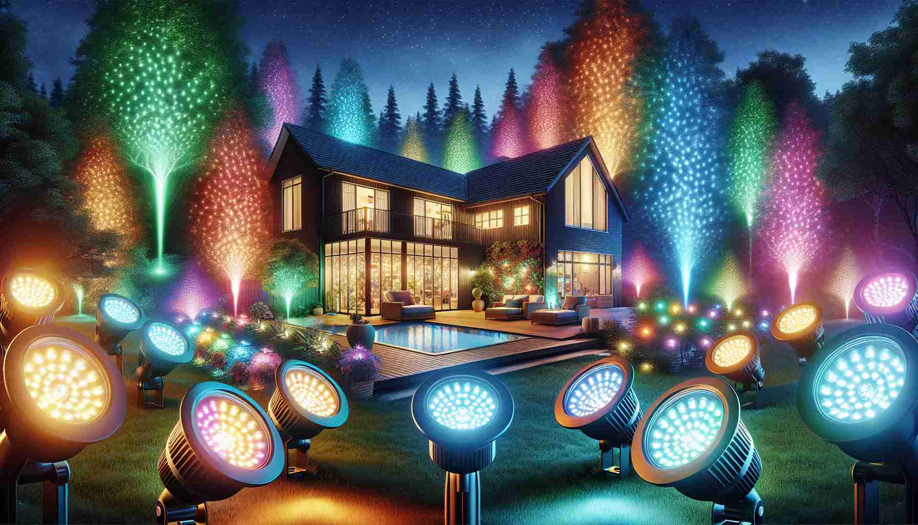 Please generate a realistic, high-definition image depicting a residential setting upgraded with Lifx Color-Changing Floodlights. The image should depict an evening scene where the floodlights generate a stunning array of colors that illuminate the outdoor space. The home should be nestled amidst trees, with the vibrant colors from the floodlights creating a mesmerizing spectacle. Create a composition where the central focus is on the effect of the color-changing floodlights, suggesting a festive, welcoming atmosphere.