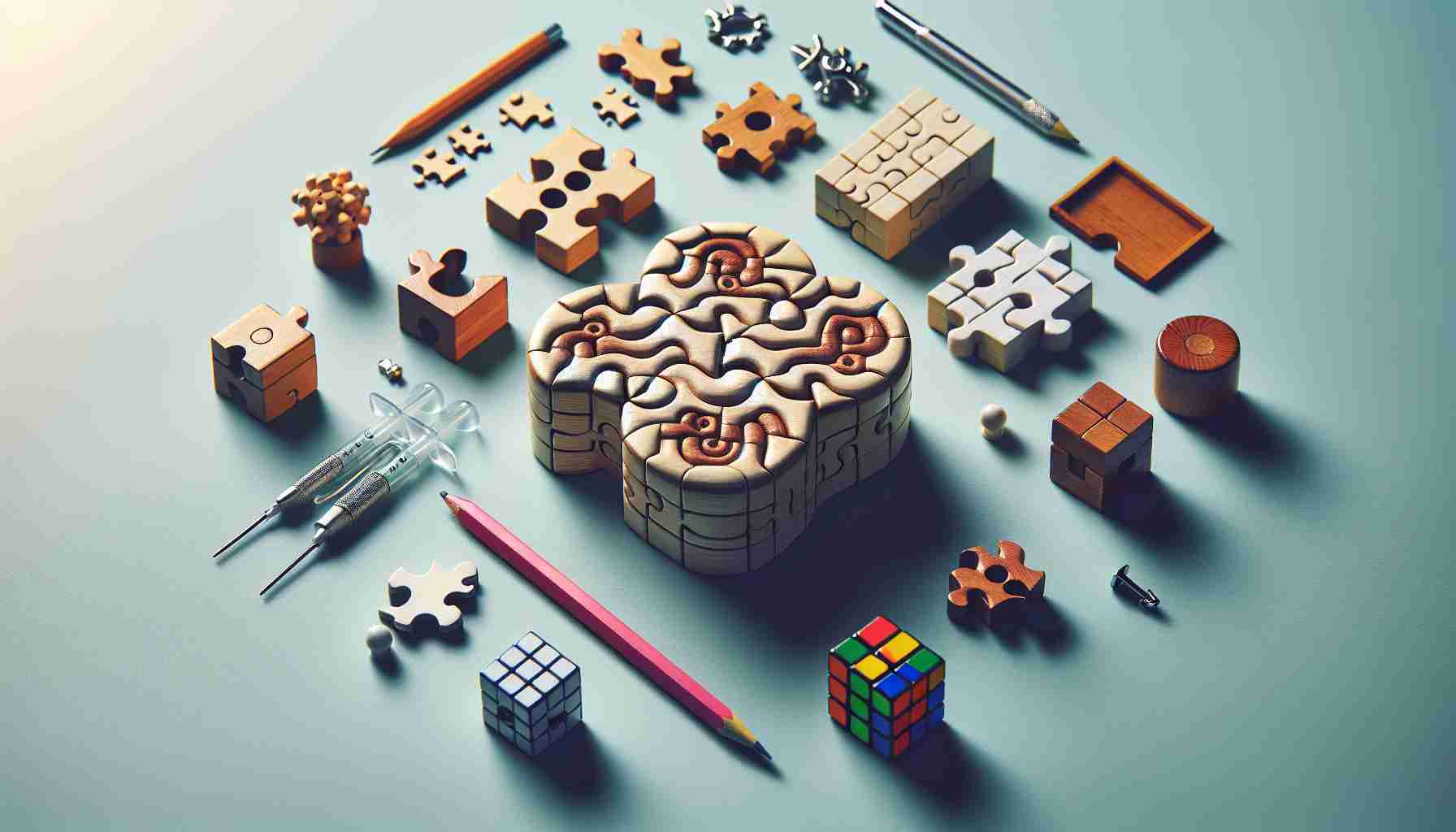 Generate a high-definition image that represents the concept of challenging the mind with miniature brain teasers. Include a selection of small, different puzzles that one might use to test their problems-solving skills. These could range from simple jigsaw puzzles, intricate wooden 3D puzzles, to Rubik's cubes.