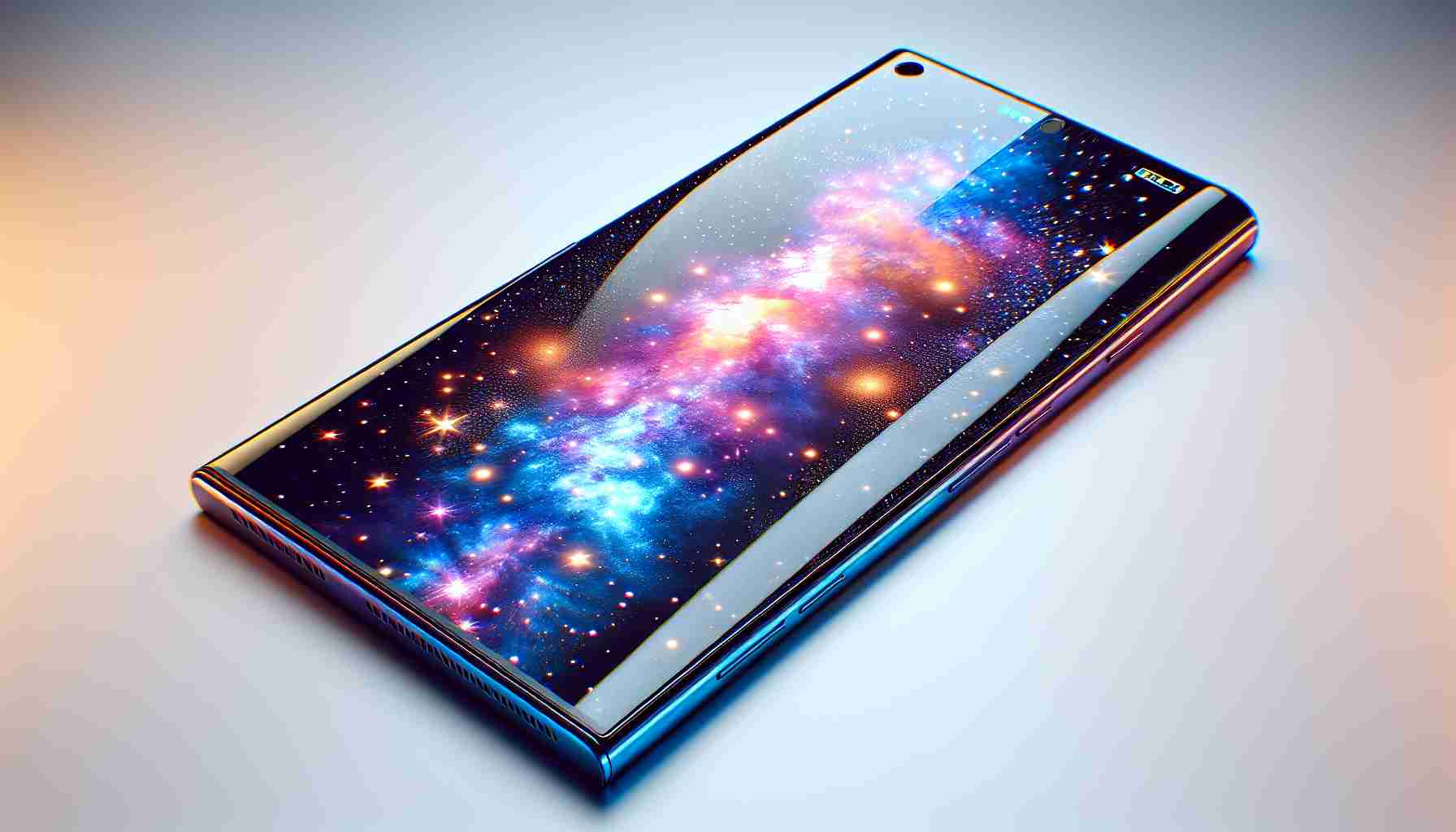 A high-resolution, realistic depiction of a futuristic smartphone, unique in design and advanced in technology. This smartphone impresses with its sleek shape, vibrant and large display that stretches close to the edges of the device, showing off the latest cutting-edge technology. It is coated in a beautiful stellar-themed color scheme.