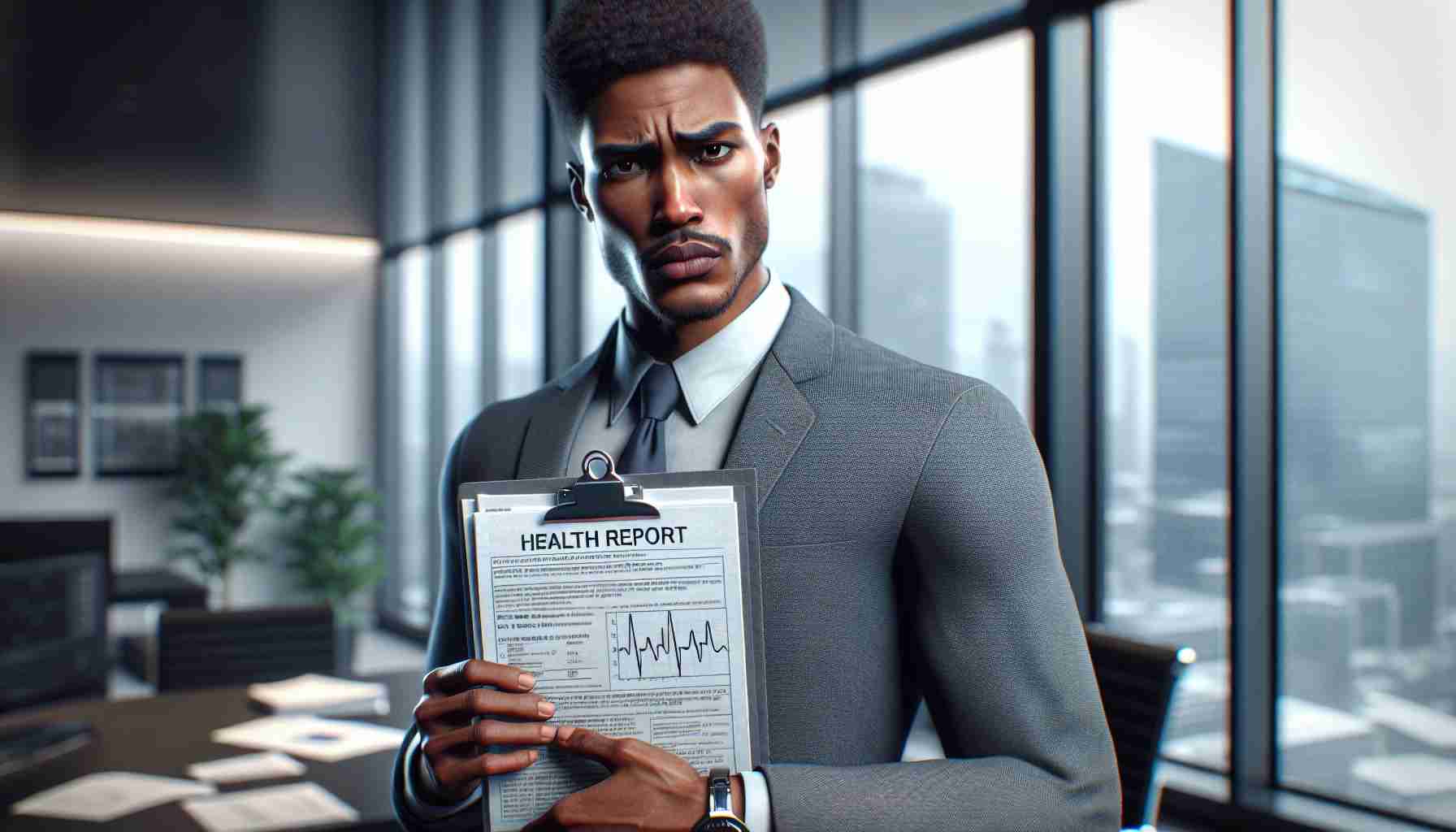 A realistic high-definition (HD) photo of a fictional executive from a crypto-currency trading company holding a health report, signifying a delay in a hypothetical trial proceeding. The executive can be an African-American male, wearing a grey suit, white shirt, and a dark blue tie. He looks concerned, with a furrowed brow and pursed lips. The background has a corporate office aesthetic with large windows, showcasing a cityscape.