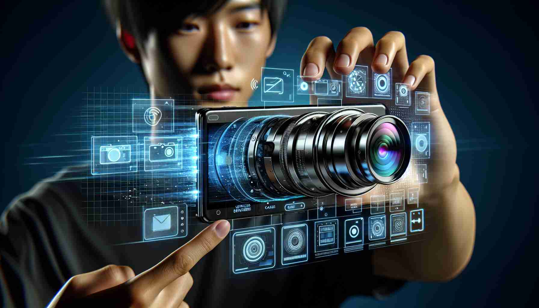 High definition, realistic image showcasing the next generation of smartphone cameras. Depict features such as upgraded lenses, sensors, and camera software. To emphasize the innovative aspect, perhaps incorporate futuristic design elements like an AI interface or advanced digital zooming capabilities. Illustrate an individual, perhaps an Asian male technology expert or a Black female photography enthusiast, exploring the features of this innovative piece of technology.