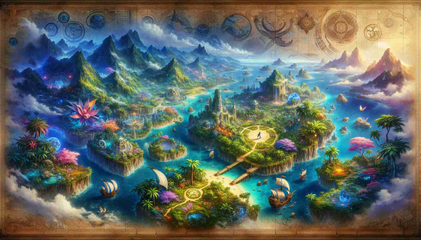 High definition image of a concept for an enchanting new world-exploring adventure game. This captivating environment consists of vibrant fantasy landscapes teeming with exotic flora and fauna. The game's narrative revolves around the exploration of new frontiers, the discovery of ancient secrets and battles with mystical creatures. Key elements may include a detailed map, sprawling open-world locations, character designs, and possibly some game mechanics illustrations, symbolizing a comprehensive overview of the game.