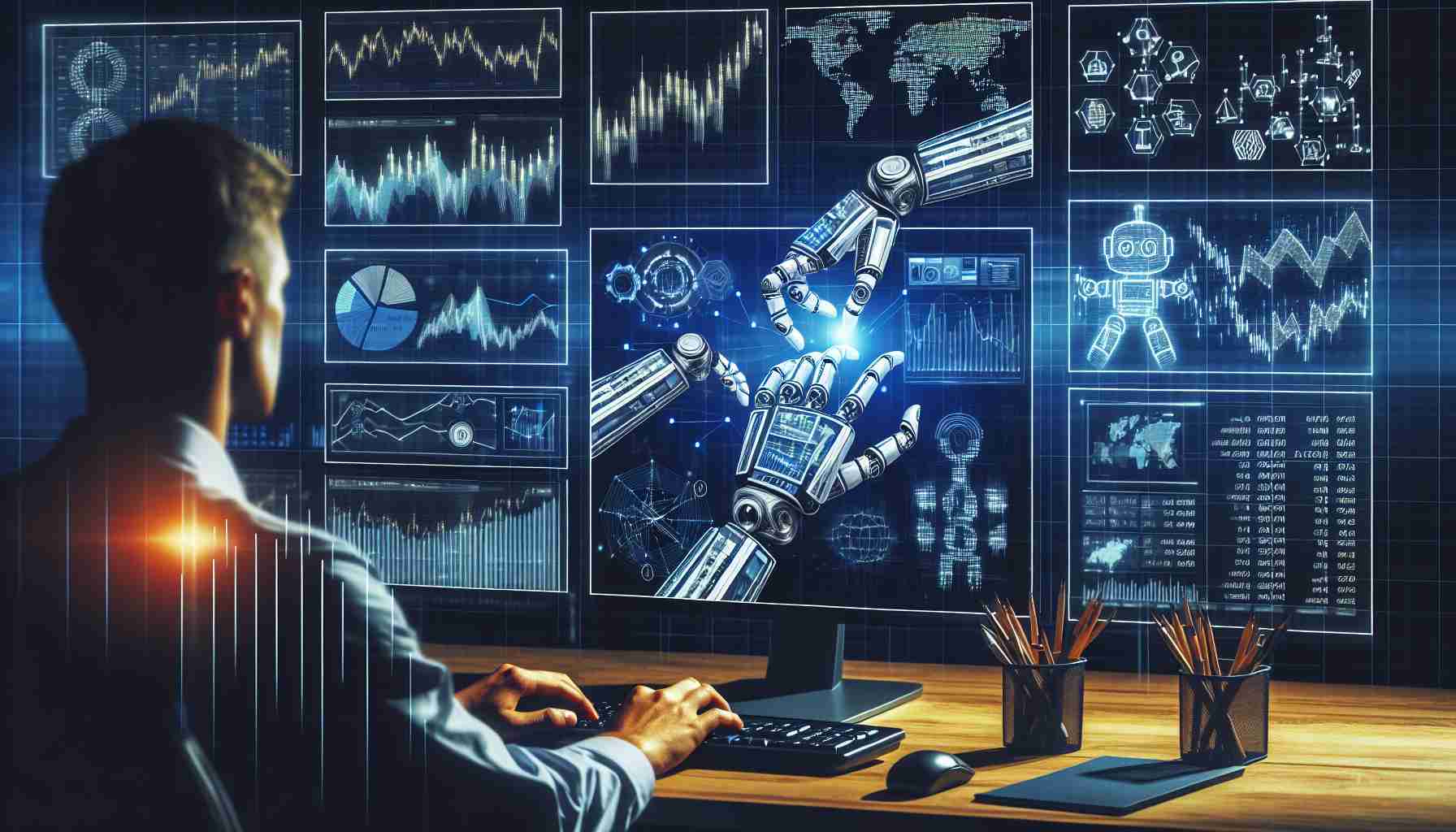 Generate a high-definition, realistic visual representation of innovative investment strategies being explored through automation. This can include elements such as automated trading systems symbolized by robotic hands manipulating a chart displaying financial data, or an investor sitting in front of multiple screens showing algorithmic trading software. Add other technological tools or symbols used in automated trading such as graphs, artificial intelligence models, trading algorithms, and stock market data. Make sure to convey the notion of innovation and progress in the world of finance.