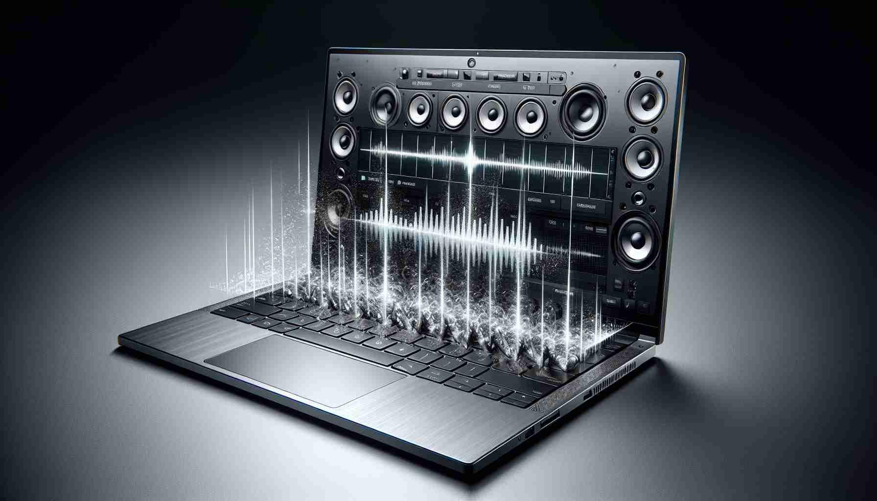 A highly detailed, realistic photo of a cutting-edge laptop, showcasing its latest sound technology. The laptop is slim, made of silver material, and the image should highlight the speakers located on both sides of the keyboard. The technology provides a revolutionary sound experience, give a look of sound waves around it to emphasize the immersiveness of the sound. The screen of the laptop displays a sound frequency graph with peaks and valleys, indicating the performance of the system.