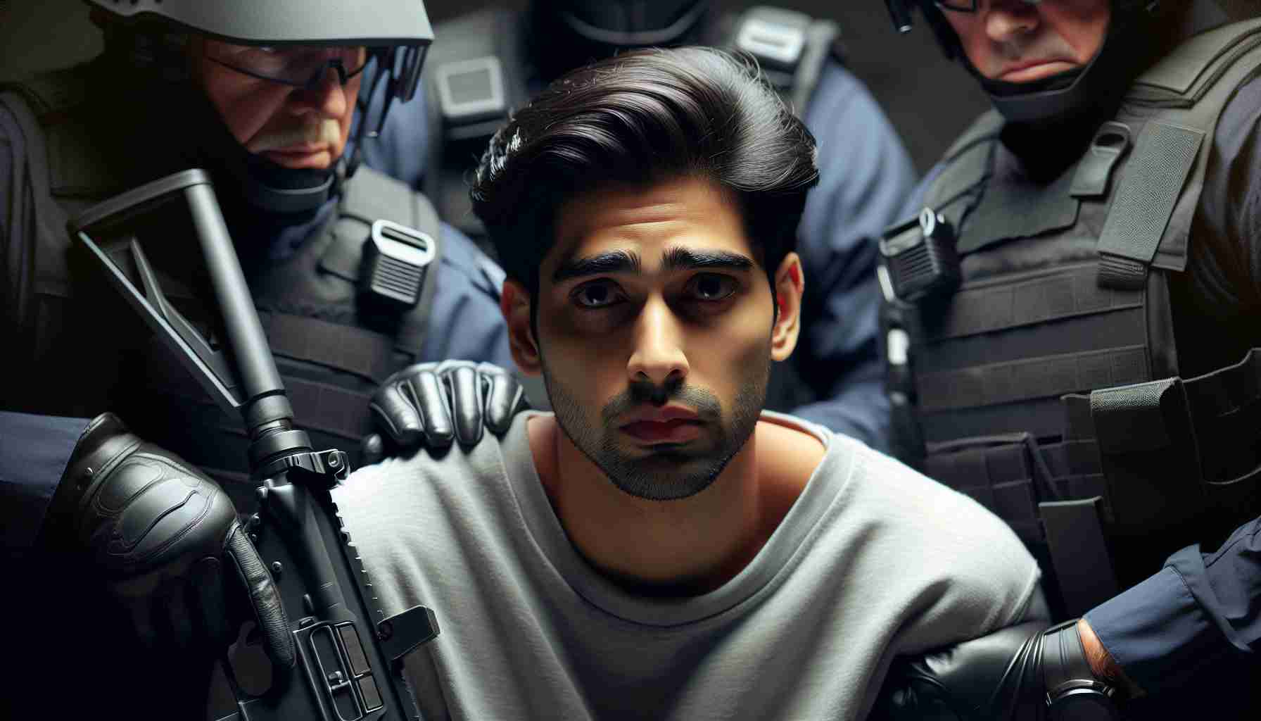 Realistic high-definition image of a South Asian man being detained by law enforcement officers, in connection with a cyber attack on a generic government agency. The image should capture the intense atmosphere surrounding the scene, displaying a worried expression on the man's face and equipped officers surrounding him.