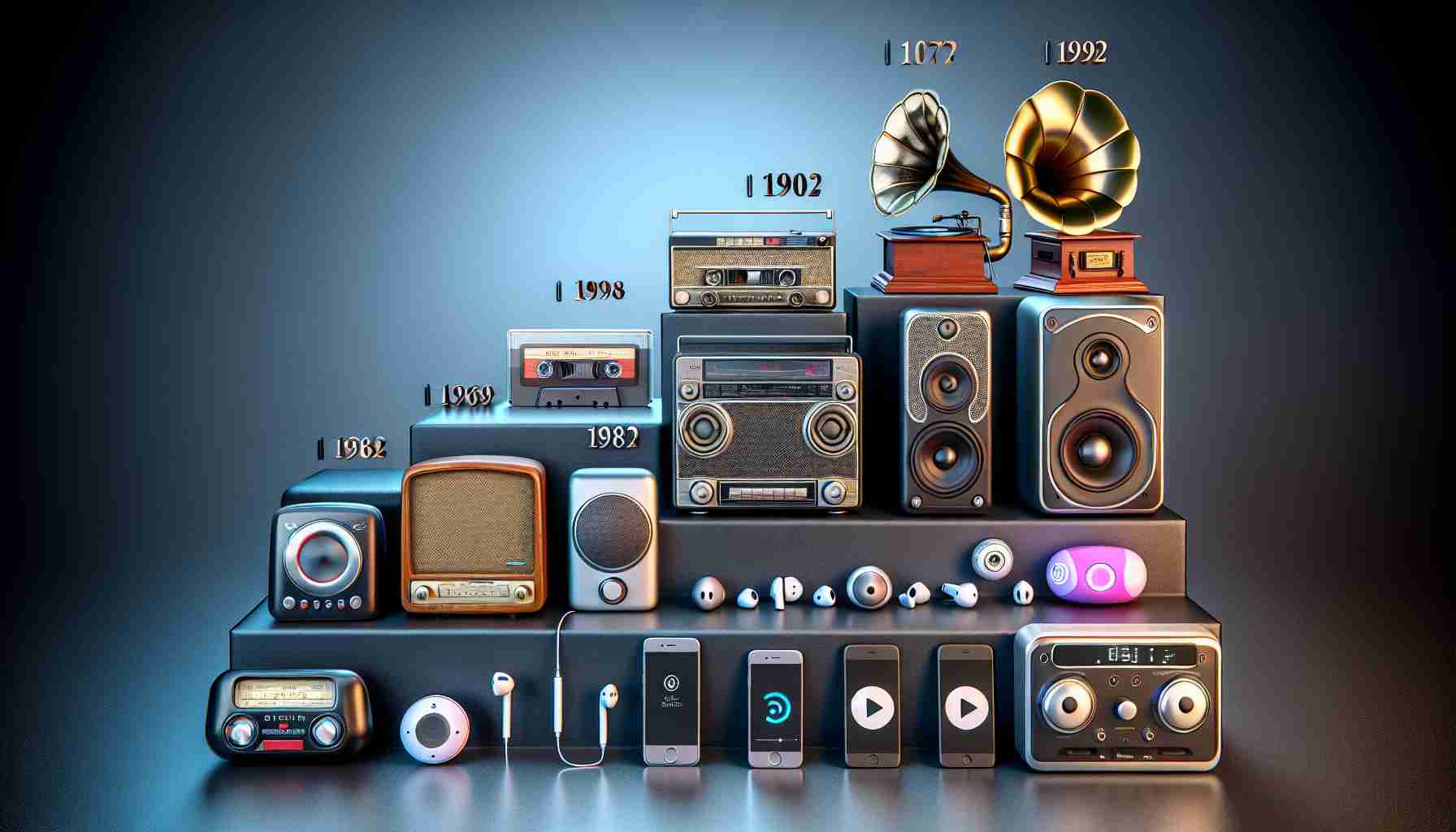 High-definition, realistic portrayal of the evolution of audio technology in modern devices. The image should start with older technology such as phonographs and cassette players, progress through Walkmans and CD players, morph into early iPods, and finally end with today's smart speakers and wireless earbuds.