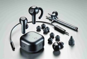 High-resolution realistic image depicting top quality wireless earbuds designed for active lifestyles. The earbuds should display features such as sweat resistance, comfortable ear tips for a secure fit and seamless connectivity. Include the earbuds on a clean and plain background to highlight their design, along with the transmitter or case on the side. The surroundings could possibly suggest their usage in active settings, like a gym towel or a water bottle.