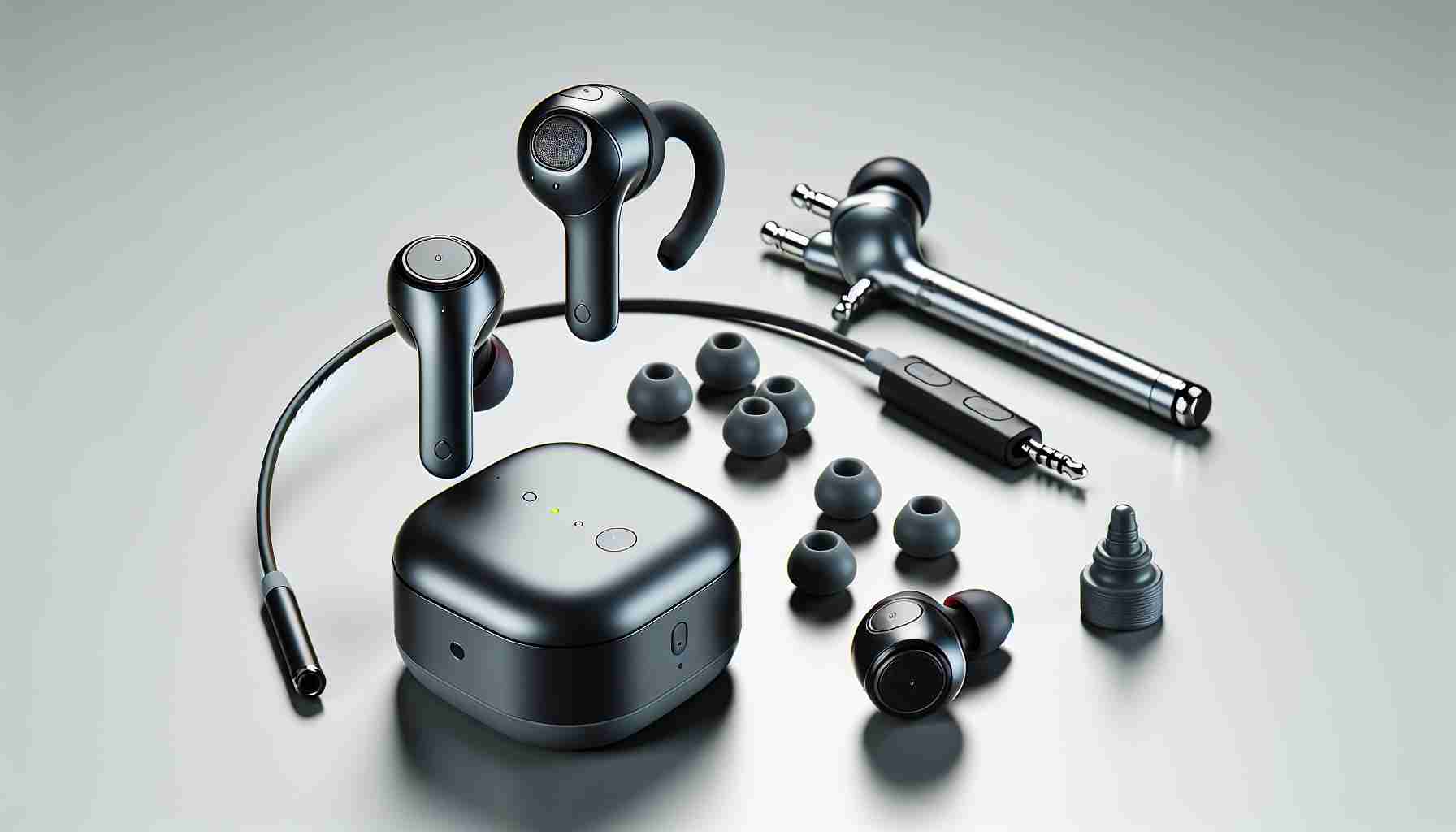 High-resolution realistic image depicting top quality wireless earbuds designed for active lifestyles. The earbuds should display features such as sweat resistance, comfortable ear tips for a secure fit and seamless connectivity. Include the earbuds on a clean and plain background to highlight their design, along with the transmitter or case on the side. The surroundings could possibly suggest their usage in active settings, like a gym towel or a water bottle.