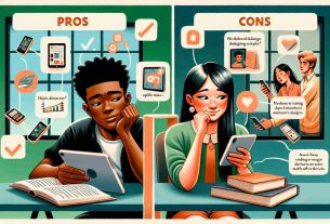 An image depicting a real-life scenario representing the advantages and disadvantages of mobile devices for students. On one side of the image, a Black male student is seen doing research on a tablet, he's looking engaged and is jotting down notes from e-books. On the other side, an Asian female student is distracted by her smartphone, she's browsing social media instead of focusing on her studies. In the middle, separating the two scenarios, there should be two lists; one listing the 'Pros' and the other listing the 'Cons' of using mobile devices.