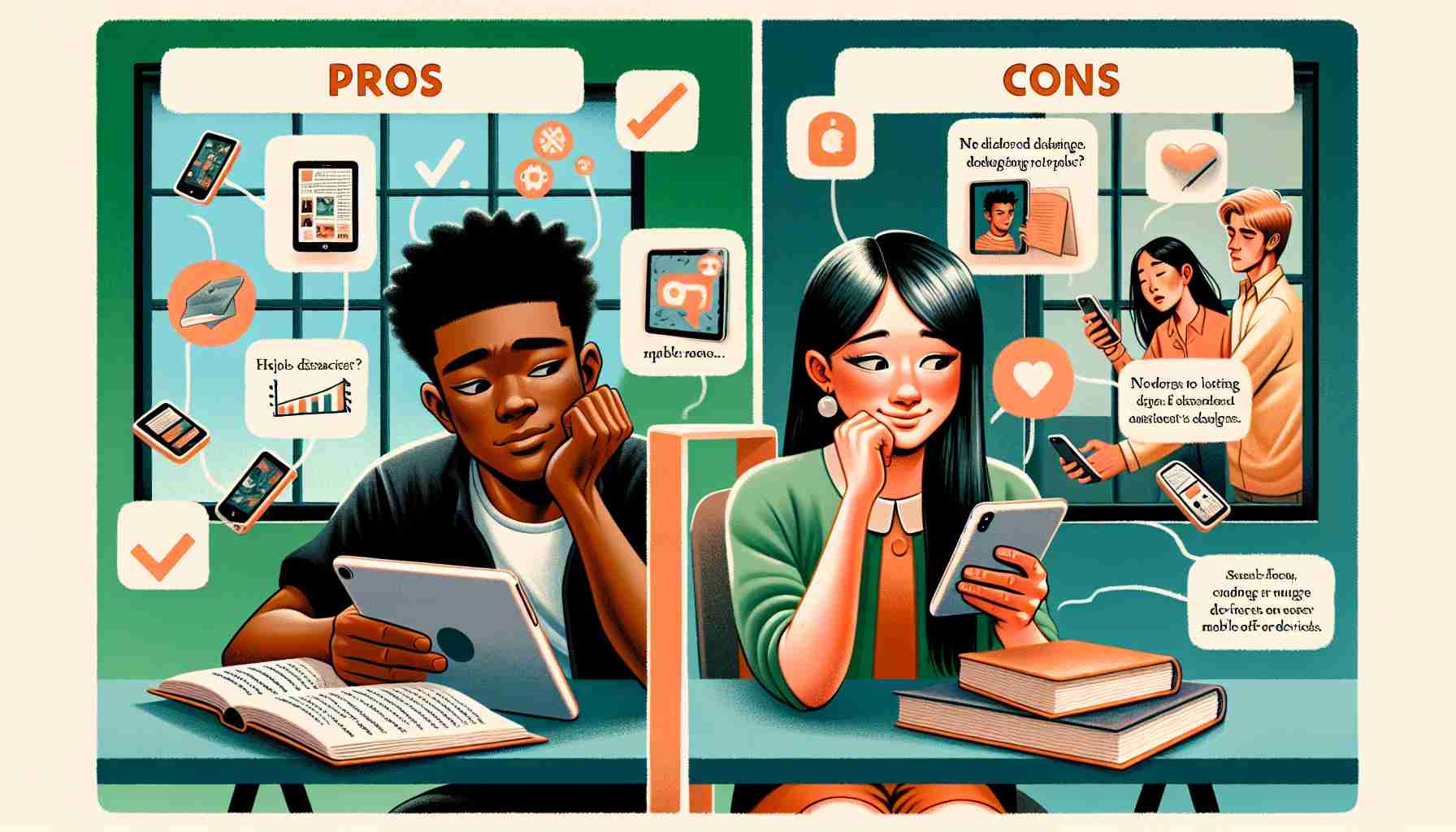 An image depicting a real-life scenario representing the advantages and disadvantages of mobile devices for students. On one side of the image, a Black male student is seen doing research on a tablet, he's looking engaged and is jotting down notes from e-books. On the other side, an Asian female student is distracted by her smartphone, she's browsing social media instead of focusing on her studies. In the middle, separating the two scenarios, there should be two lists; one listing the 'Pros' and the other listing the 'Cons' of using mobile devices.