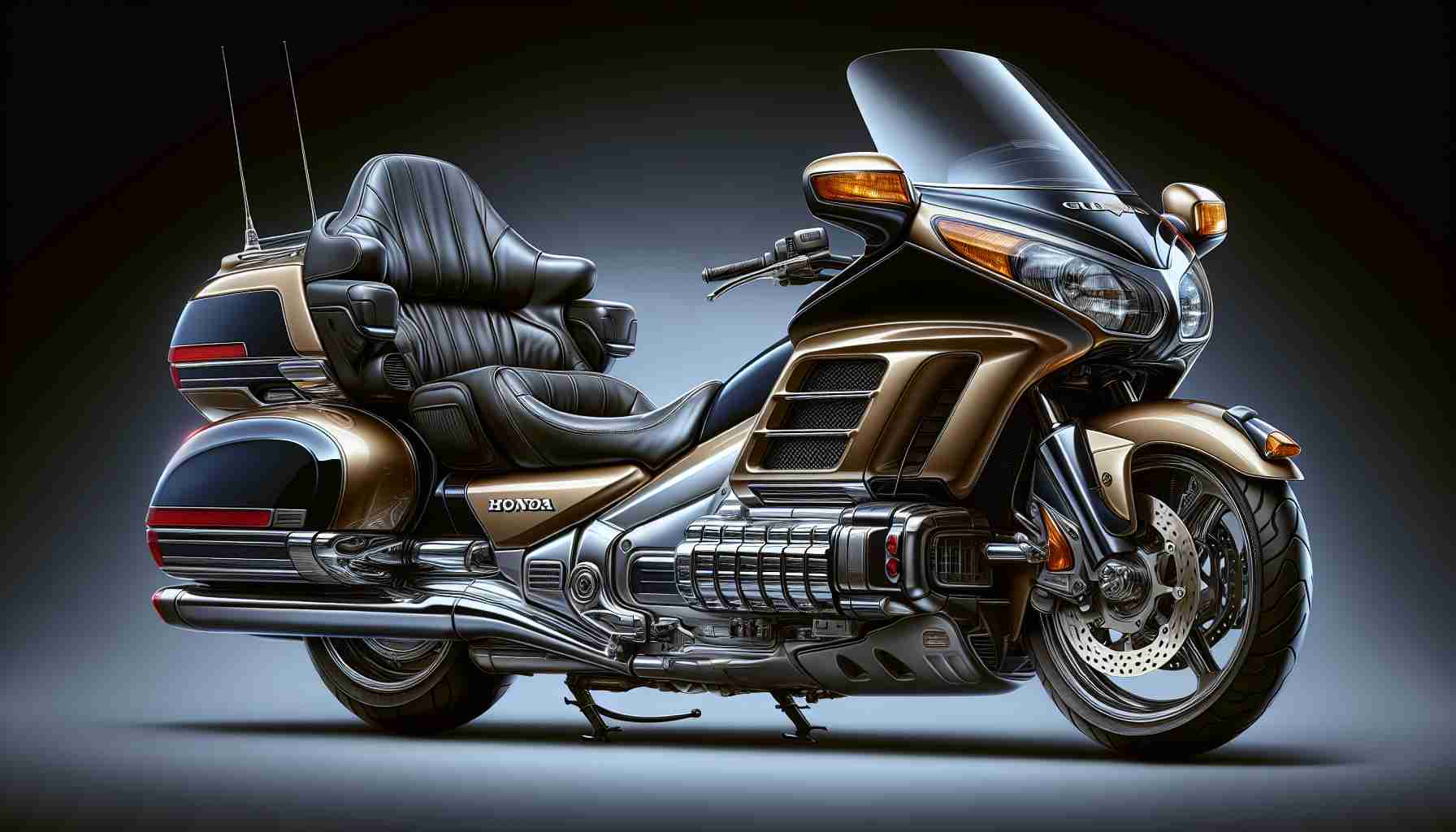 Generate a realistic, high-definition image of a Honda Gold Wing motorcycle. This iconic bike should be portrayed as the reigning majestical entity in the world of bagger motorcycles. Include interesting details such as the glossy paint finish, chrome accents, comfortable seating and storage compartments.