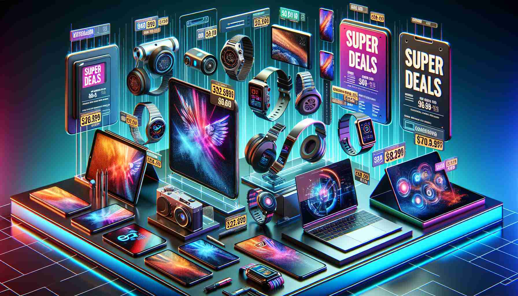 A high-definition, realistic image depicting an array of amazing deals for tech enthusiasts. This includes discounted items such as latest generation smartphones, top-of-the-line laptops, sleek tablets, high-performance headphones, and cutting-edge smartwatches showcased on digital banners. There are discounted price tags along with an eye-catching, colourful design to represent the super deals. The overall feel of the image is futuristic and techy, appealing to tech fanatics.