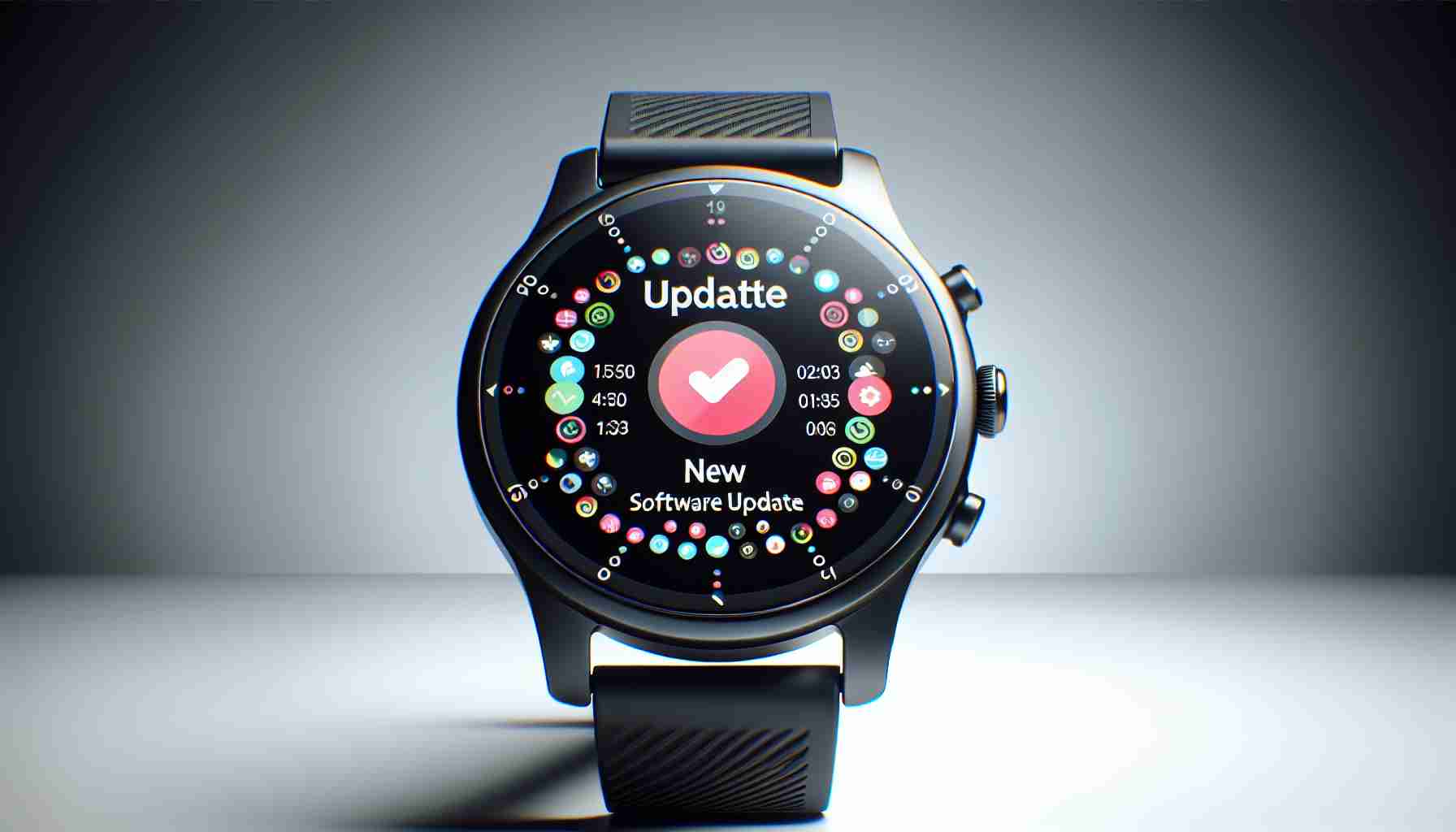 Generate a high-definition, realistic image of a next-generation smartwatch displaying its new software update. The watch should have a sleek, modern design, with a high-resolution display. On the screen of the watch, the software update notification should be clearly visible, showcasing the myriad of new features that are being introduced. The background can be a simple, non-distracting one that allows the spotlight to remain on the smartwatch and its software update.