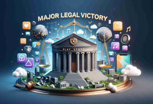 An HD image representing a legal victory with symbolic elements such as a courthouse, balance scales representing justice, and app icons suggesting a mobile application store. Place a large headline stating 'Major Legal Victory' on top and include text at the bottom saying 'Play Store Policies Secured'. Do not represent specific companies or organizations.