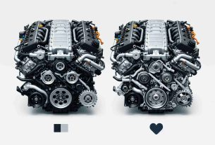 Create a high-definition, realistic image that shows a comparison between two V6 engines: the Nissan VQ37VHR and the VR38DETT. The image should display both engines side by side, highlighting their distinct parts, shapes, and layouts for a clear comparison. Each engine should be labeled and color differentiated.