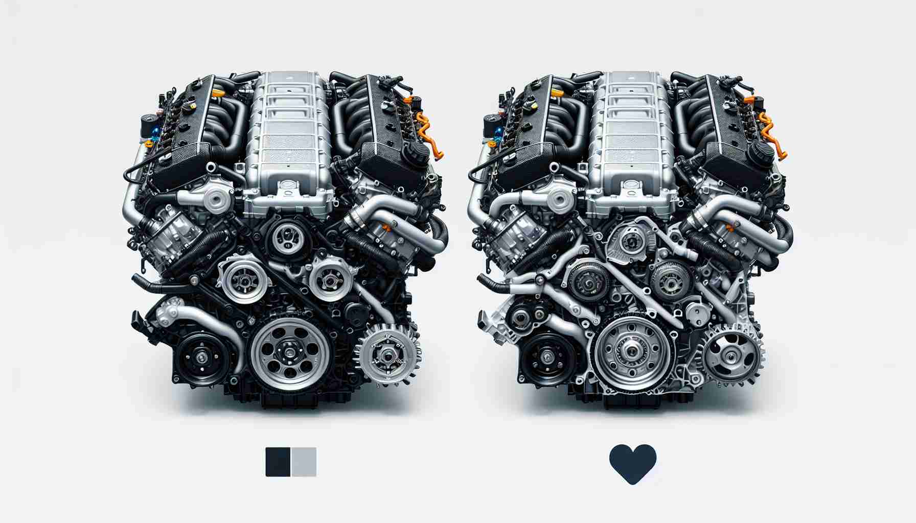 Create a high-definition, realistic image that shows a comparison between two V6 engines: the Nissan VQ37VHR and the VR38DETT. The image should display both engines side by side, highlighting their distinct parts, shapes, and layouts for a clear comparison. Each engine should be labeled and color differentiated.