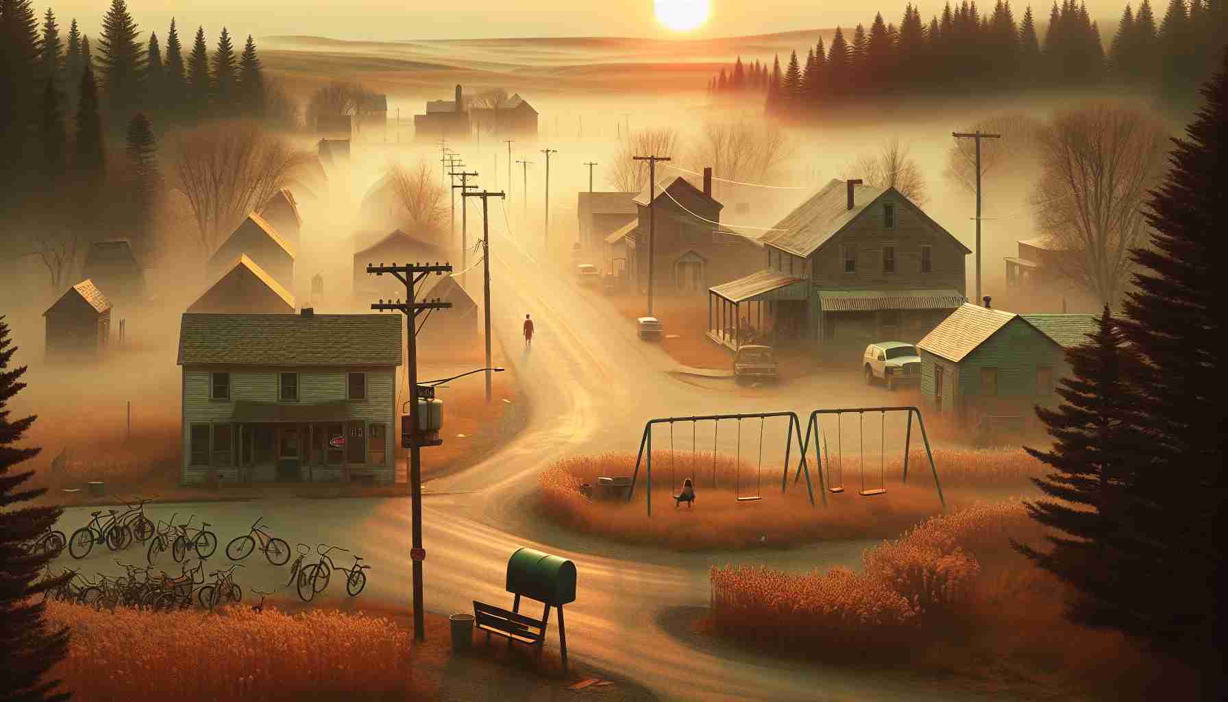 Realistic HD photo showcasing a remote town thrown into anxiety and bafflement over numerous unexplained disappearances. The image should capture the misty mystery covering the landscape. It could include features like a general store, an empty swing set moving slightly in the wind, and a silent street with abandoned bicycles. Residents should be portrayed with expressions of worry and curiosity. The majority of the residents should be visibly older, indicative of a generational rural settlement. Capture the sun setting, bleeding the sky with hues of orange, as if alluding to the strange occurrences in the town.