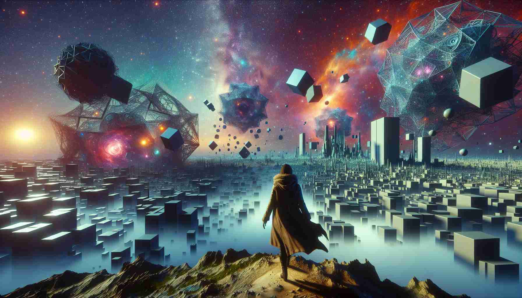 Generate a hyper-realistic HD photo portraying an adventurous scene where a mysterious character named Gracia is exploring vast and dynamic volumetric worlds. Render Gracia with awe-inspiring detail as she ventures into a world comprised of highly-detailed, three-dimensional, geometric shapes floating in the vast expanse of the cosmos.