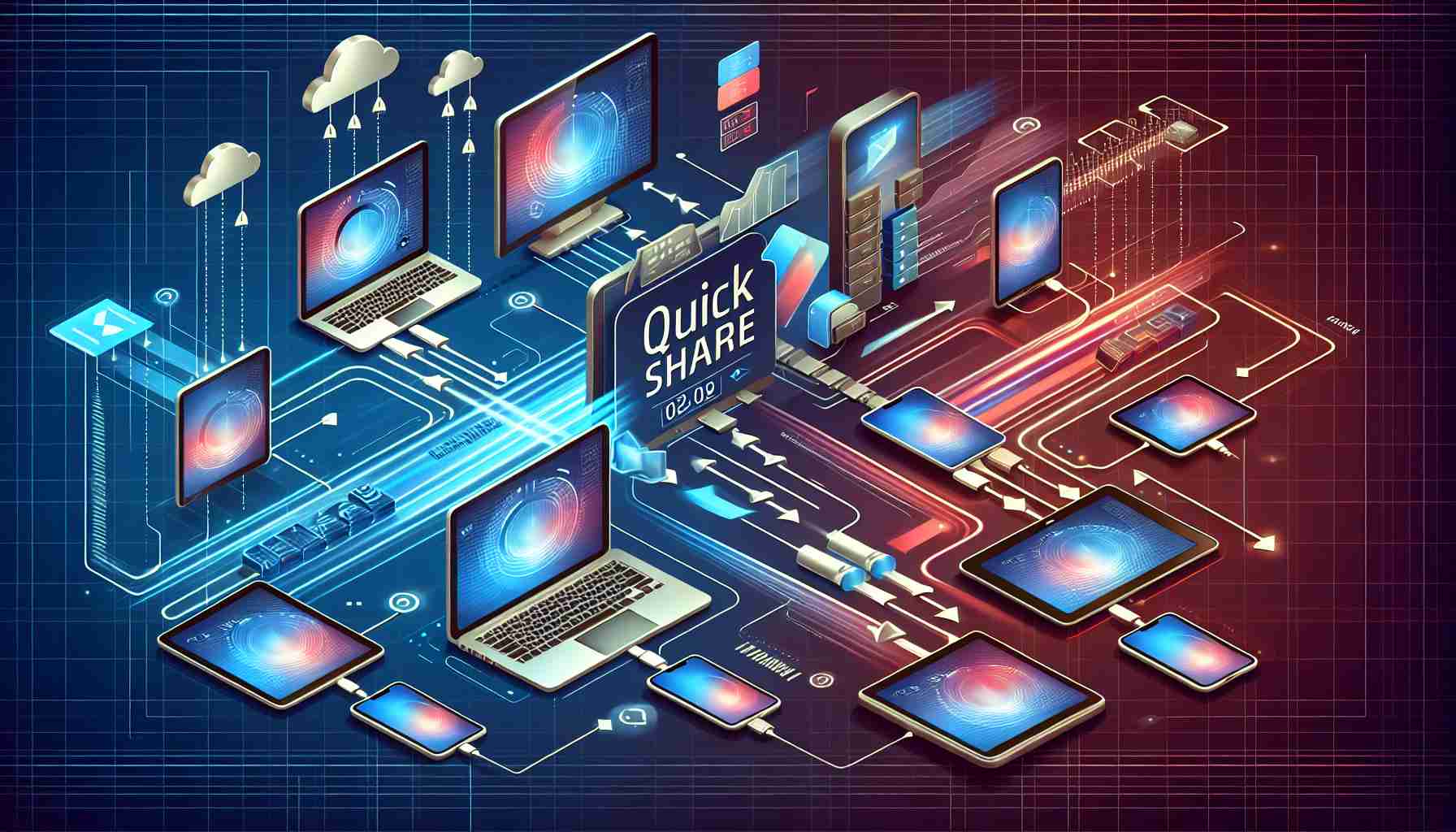 Generate a realistic high definition illustration of a file sharing process being improved with the usage of a Quick Share feature. It can be an overview where several electronic devices such as laptops, tablets and smartphones are interconnected, as files swiftly move from one to another, symbolizing the enhanced file sharing capabilities. Include visual indicators of quickness and smoothness, such as speed lines or progress bars quickly filling up. The color palette should be modern and clean, suggestive of a high-tech environment.