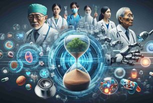 Generate a high-definition, realistic image illustrating the concept of innovations in healthcare and longevity strategies. The focus should be on advanced health technologies such as robotic surgical tools, AI-powered diagnosis devices, and innovative medicines, along with images symbolizing longevity like hourglasses and tree growth rings. Include individuals of different genders and descents engaged in healthcare professions like an Asian female doctor, a Caucasian male scientist, and a Middle-Eastern female patient to reflect diversity in the medical field.