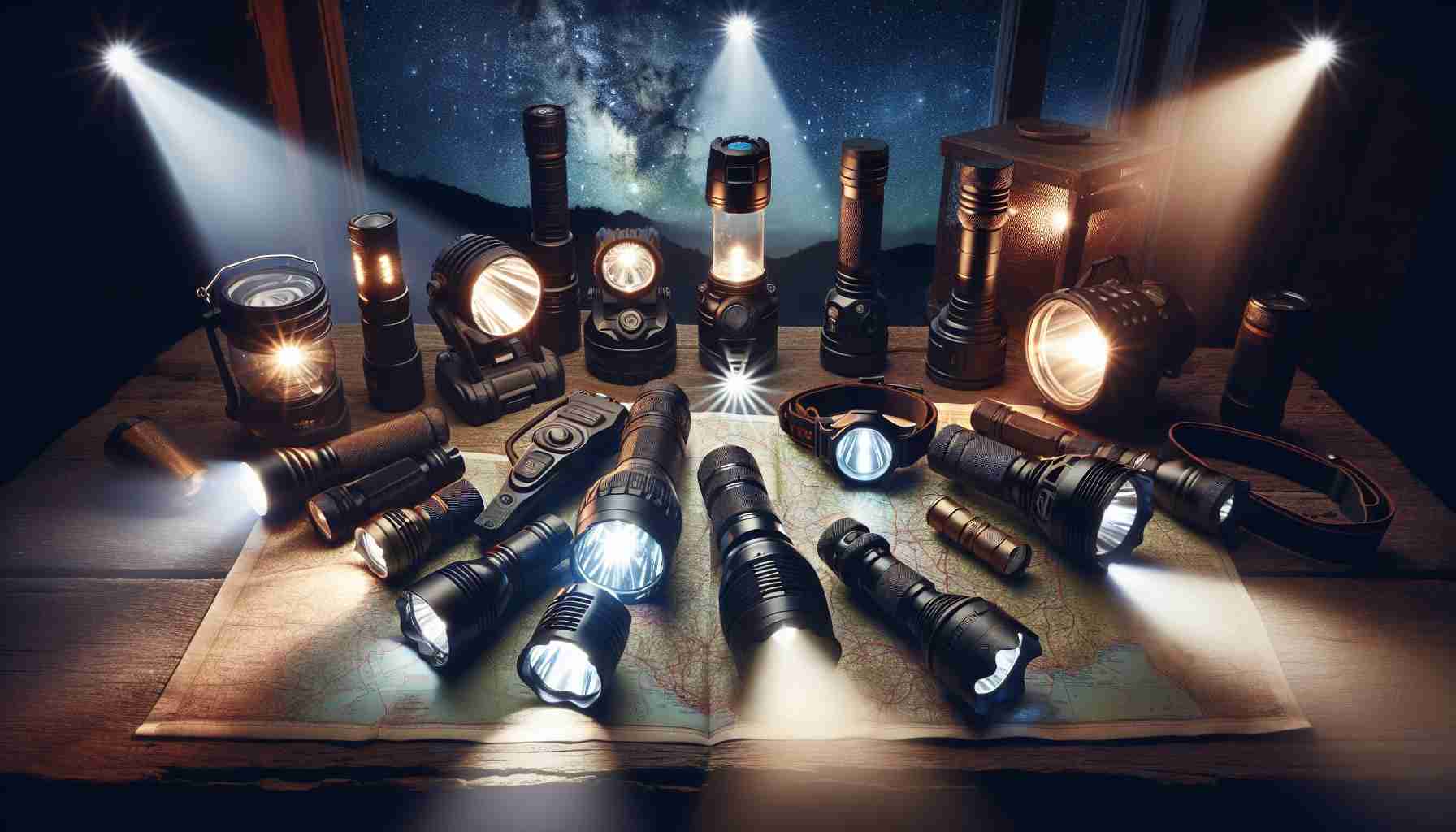 An image in high definition showing a selection of different types of flashlights laid out on a table, each with their individual features highlighted. The flashlights varieties include a compact, handheld torch with a narrow, focused beam; a headlamp providing hands-free illumination; a lantern style for area lighting, and a tactical flashlight with high lumens for outdoor adventures. The table on which they are displayed is rustic wooden, set against a night sky ablaze with stars. The flashlight beams are illuminating a map of a hiker's trail, suggesting their use for night-time adventures.