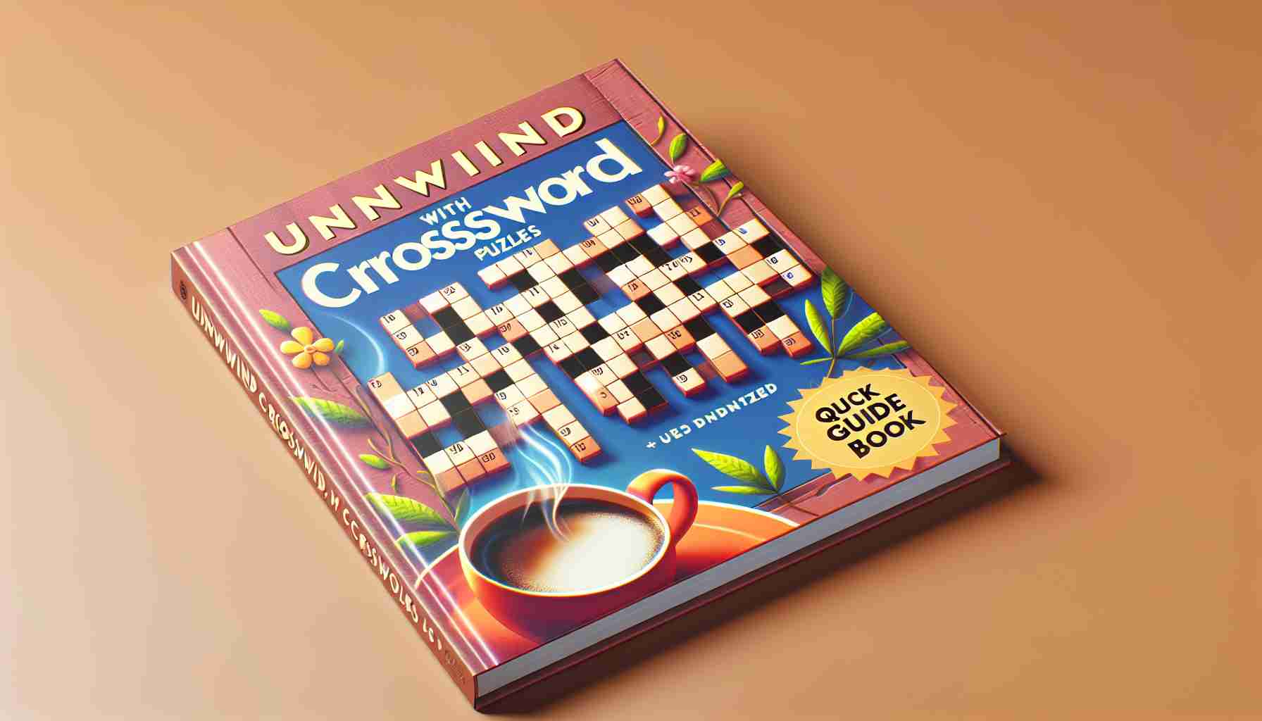 High definition, realistic representation of a cover of a quick guide book entitled 'Unwind with Crossword Puzzles'. The cover should be visually appealing and vibrant in colors. It would be wonderful if it incorporates illustrations of crossword puzzles, a relaxed environment possibly with a steaming cup of coffee aside. The title should be clear and legible, using warm and inviting fonts.