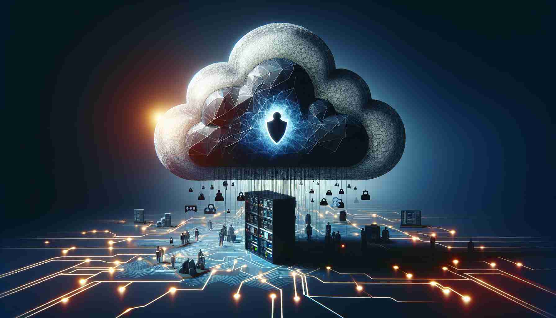 A high-definition symbolic image illustrating the concept of emerging cyber threats posing risks to cloud security. Please depict an ominous cloud floating above a representation of a intricate digital network. Emerging from the cloud, visualise ominous figures or symbols that can represent the concept of a cyber threat. The cloud itself should also have some darker nuances, symbolizing the danger it represents. To visually represent the defense mechanism, illustrate elements of a protective layer enveloping the digital network trying to prevent the penetration from the digital cloud threats.