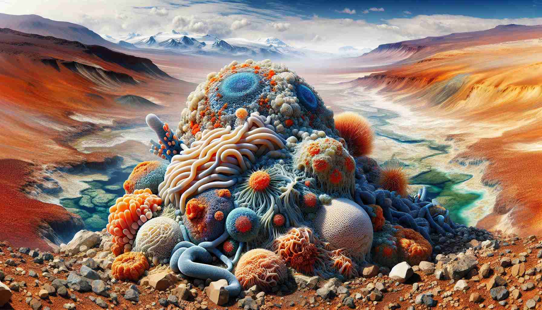 Generate a high-definition, realistic graphical representation that showcases an array of unique and fascinating life forms flourishing in Earth's extreme environments. This could include resilient bacterial communities in superheated hydrothermal vents deep in the ocean, or hardy lichen species clinging to rocks in the parched Atacama Desert. To capture the essence of survival, the composition should provide a vivid display of mixed landforms, water bodies and alien-like creatures fit for their harsh ecological niche.