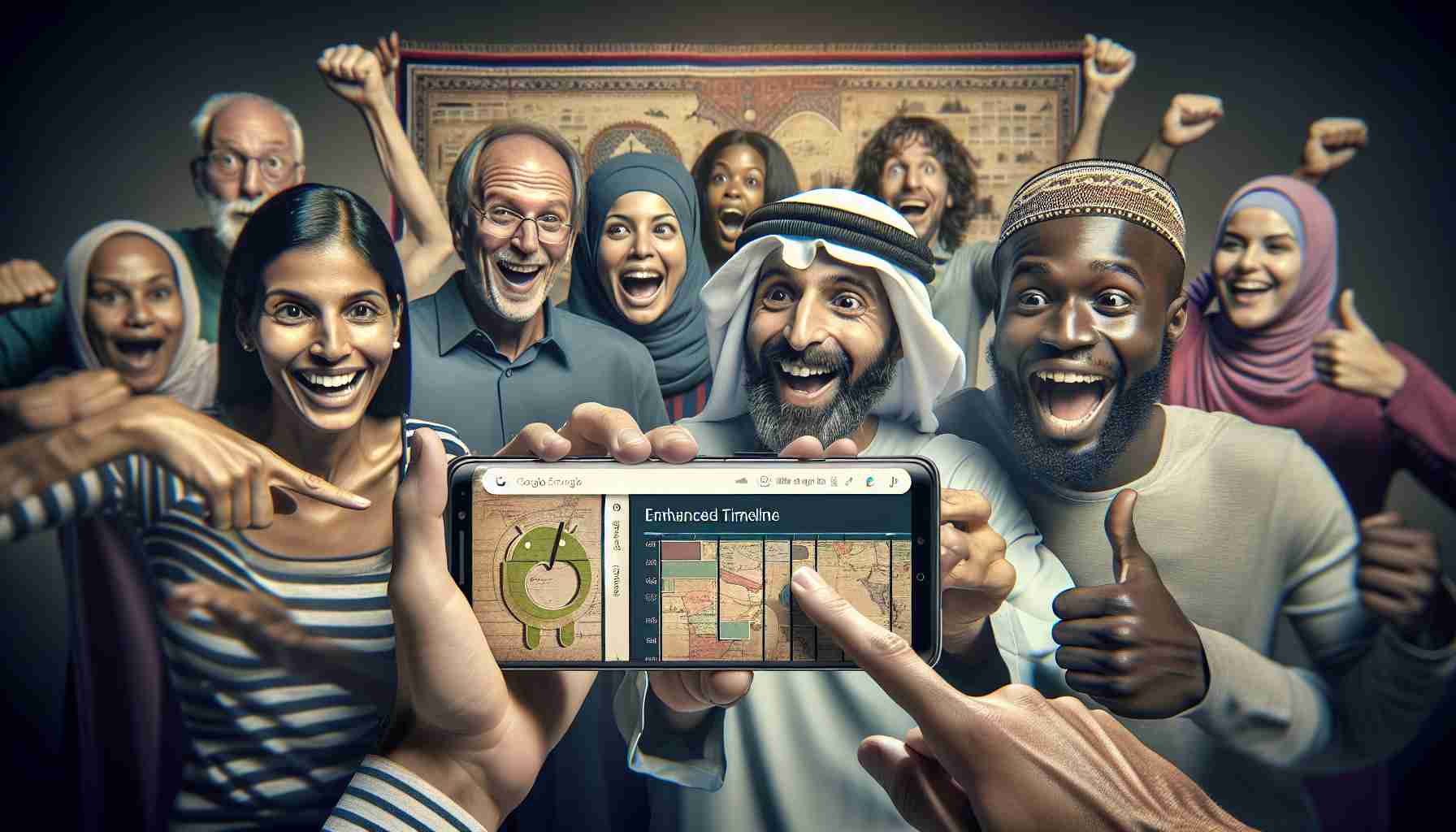 An image of Android smartphone users experiencing the enhanced timeline feature. Picture captures the excitement of diverse individuals as they use this updated feature. It includes Middle Eastern man and a Black woman smiling and pointing at their mobile screens, their expressions reflecting awe and fascination. The screen displays the improved interface of the timeline feature, highlighting elements such as the map and various informative panels. Note, the details of the Android-run smartphones are meticulously detailed, to capture the look and feel of a high-definition photograph.