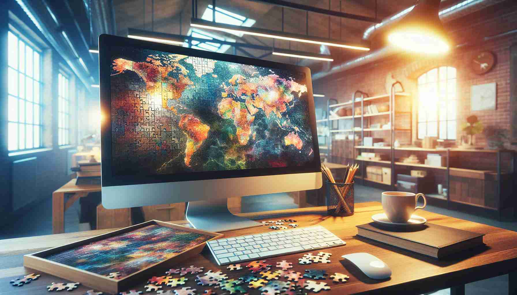 Create a high-definition, realistic image that represents the idea of exploring the world of online puzzles. The image could feature a computer screen showing a colorful, intricate puzzle, perhaps a map of the world or a famous landscape, with pieces yet to be put in place. The surrounding scene could be a cozy, inviting desk setting with a warm cup of tea or coffee, a comfortable chair, and soft indoor lighting casting a welcoming atmosphere. The perspective should be over-the-shoulder of an individual of East Asian descent in the process of fitting the puzzle pieces together on the screen.