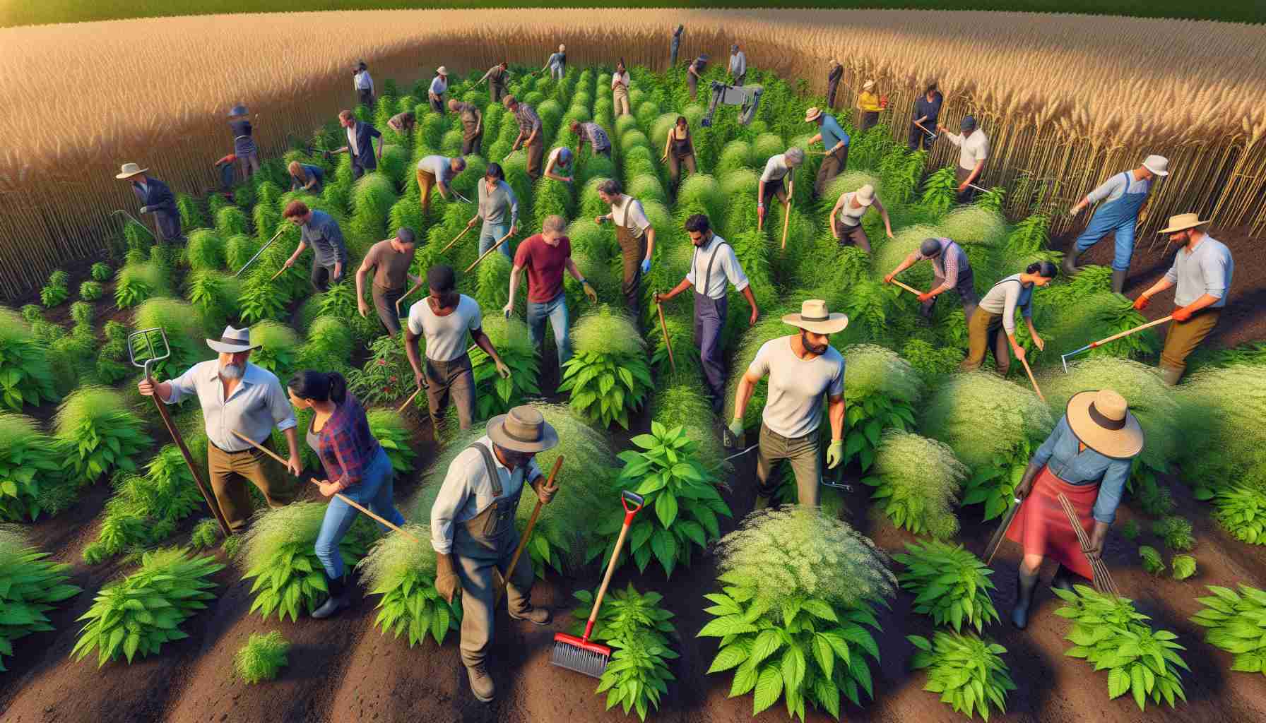 A realistic, high-definition image depicting the challenges of agriculture, specifically focusing on the issue of rising weed resistance. The scene should show a patch of farmland but rather than crops, it's overrun with aggressive, hardy weeds sprouting all around, demonstrating their increasing resistance to herbicides. Occasionally, farmers with diverse descents such as Caucasian, Black, Middle-Eastern, and Hispanic are shown trying various methods to combat the resilient weed problem. They are seen in work clothes, each holding farming tools, exhibiting expressions of determination.