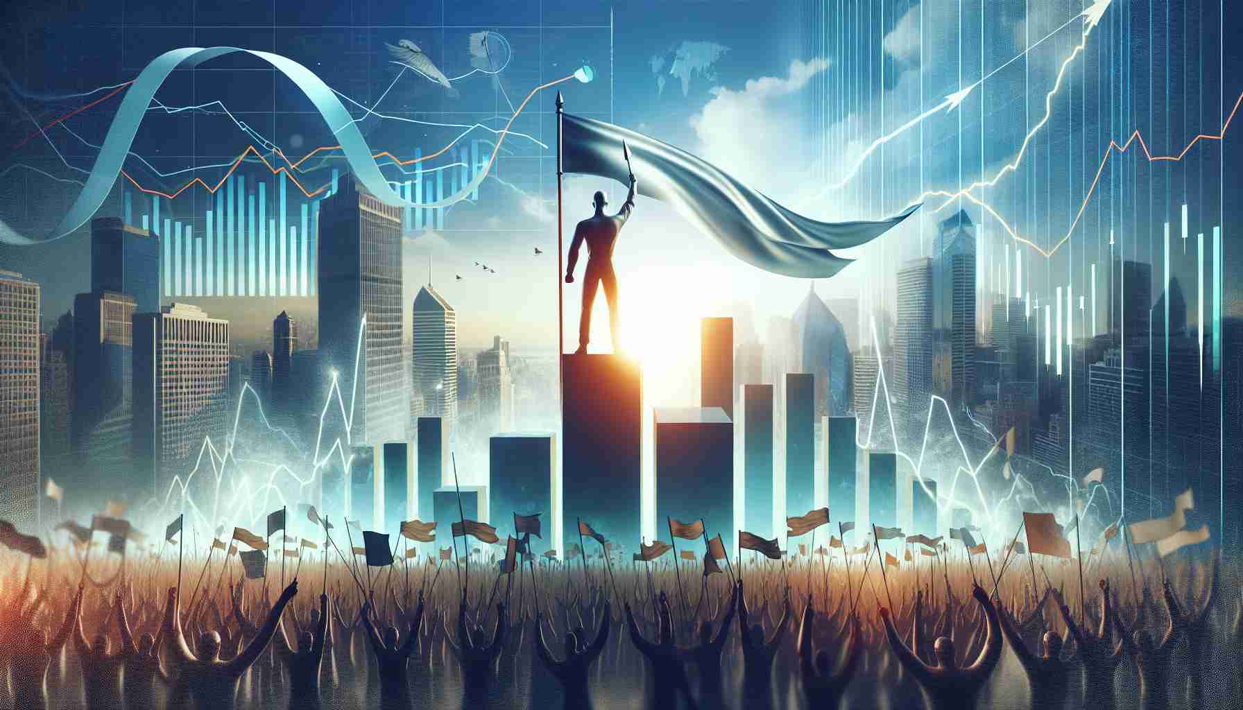 Through a high definition image, realistically portray the concept of soaring investment opportunities brought about by a financial revolution named 'RCO'. The main focus of the image could be a symbolic representative (not a real person) of RCO, perhaps holding a flag or leading a crowd, standing atop ascending graphs and charts. The background might feature skyscrapers symbolizing the financial district. Please also include the phrase 'Investment Opportunities Soar with RCO Finance Revolution' in a fitting location within the image, perhaps in the sky to align it with the soaring theme.