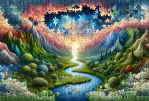 A highly detailed and realistic image depicting the scene of a journey through puzzle realms. Picture intricate and mystical landscapes composed of various puzzle pieces. Some of the puzzles have been assembled to form mountains, forests, and rivers, while others are in the process of forming. The puzzle pieces might represent different elements: areas of lush green for forests, deep blue for bodies of water, and soft pastels for the sky at sunset. At the center is a pathway that is being forged from these puzzle pieces, leading off into the horizon, symbolizing an ongoing journey.