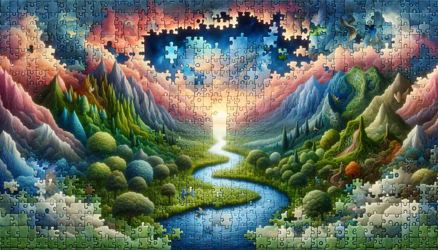 A highly detailed and realistic image depicting the scene of a journey through puzzle realms. Picture intricate and mystical landscapes composed of various puzzle pieces. Some of the puzzles have been assembled to form mountains, forests, and rivers, while others are in the process of forming. The puzzle pieces might represent different elements: areas of lush green for forests, deep blue for bodies of water, and soft pastels for the sky at sunset. At the center is a pathway that is being forged from these puzzle pieces, leading off into the horizon, symbolizing an ongoing journey.