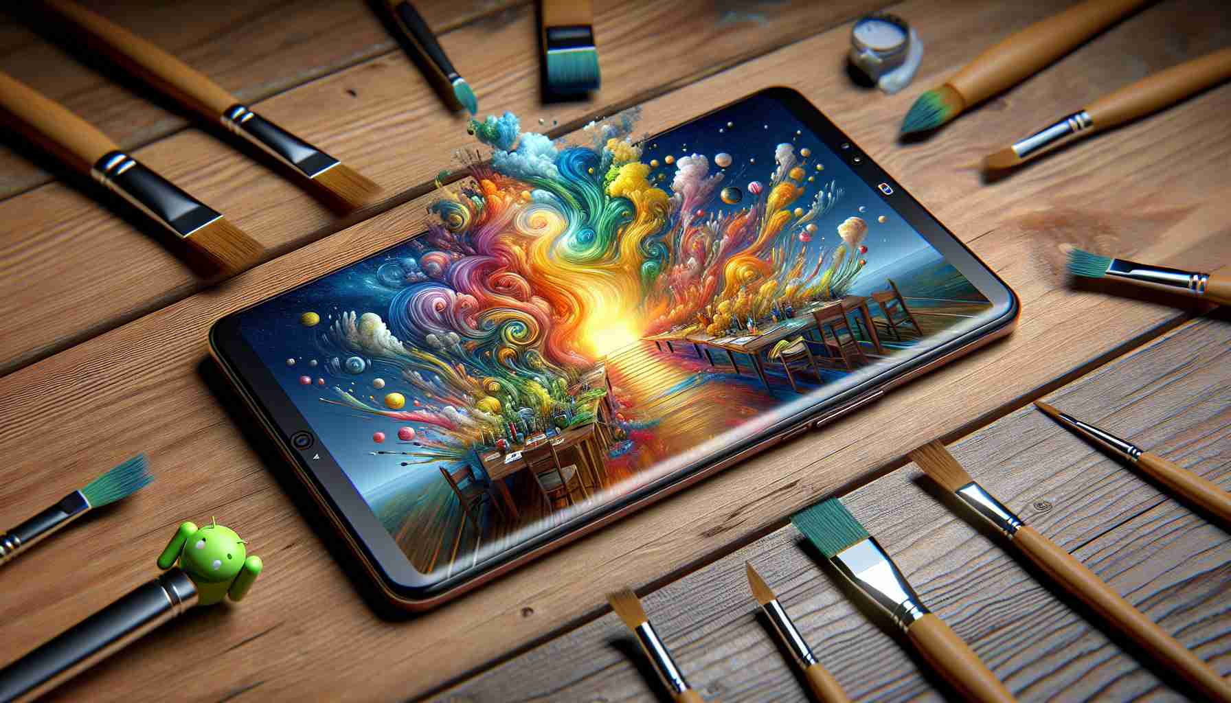 High-definition and realistic image of a concept titled 'Innovations Bringing Painting to Life on Android Devices'. The image should showcase an Android smartphone lying flat on a wooden table, with a vivid painting being displayed on the screen. The painting should appear to come to life, with elements of the painting extending out of the screen in a 3D-like effect to create an illusion of reality. There should be a blend of various colors, with a balance of warm and cool tones to make the painting alluring and eye-catching. Brushes and other painting tools are scattered around the device.