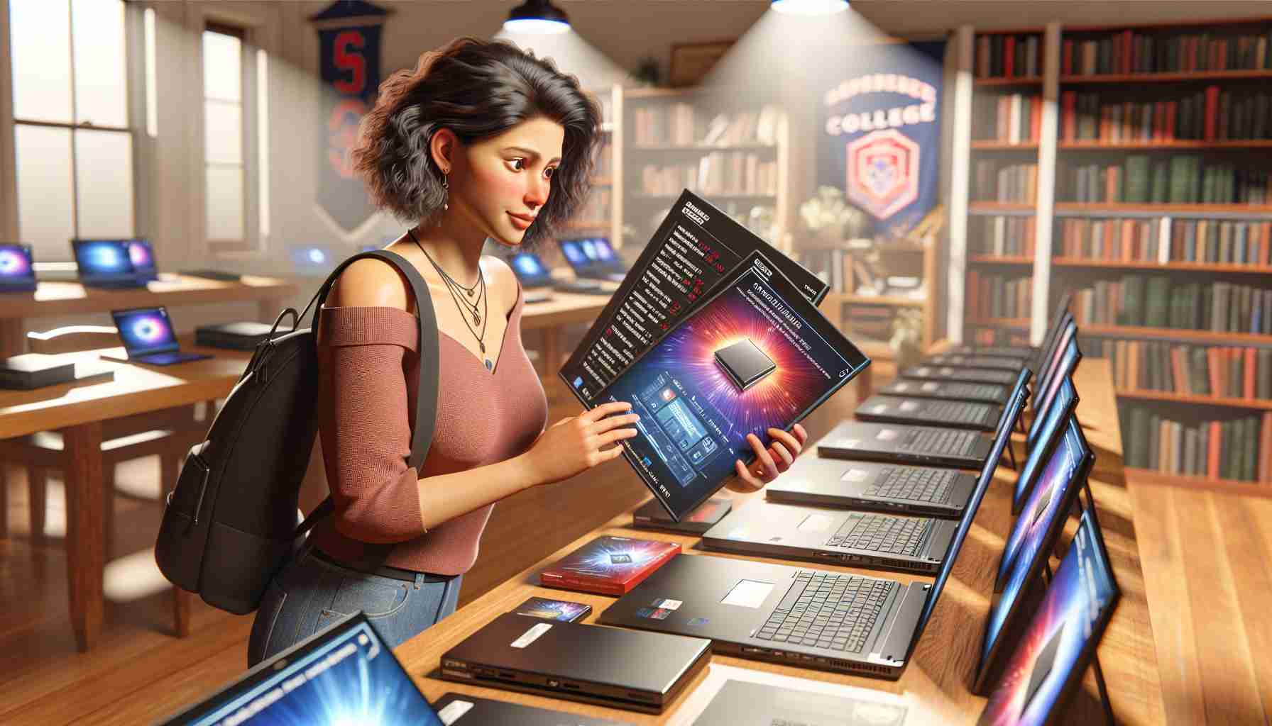 A hyper-realistic, high-definition image of a person in a college setting, actively choosing the perfect laptop for their needs. The person, a young Hispanic woman, is in a brightly lit room filled with various laptop models on a table. She is thoroughly inspecting them, looking at the specifications with an attentive eye. She is holding a checklist, possibly containing the necessary features she's looking for - processor speed, memory size, battery life, and portability. The room is decorated with college-related elements like textbooks, backpacks, collegiate banners, and more. Her expression of careful selection indicates the importance of this decision.