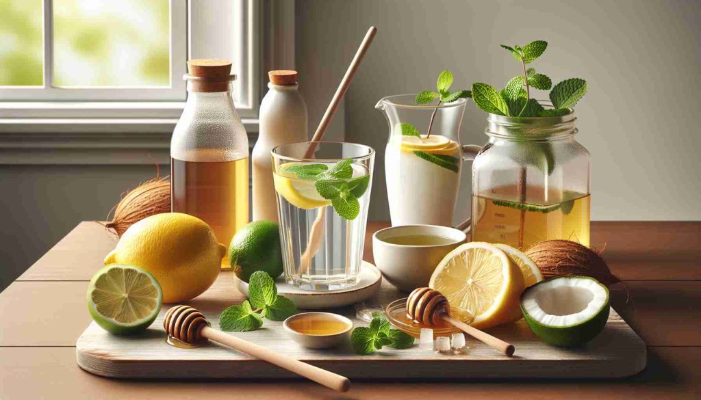 A high-resolution, realistic image depicting delicious alternatives to apple cider vinegar for daily intake. This includes a glass of fresh lemon water, a cup of green tea, a bottle of organic coconut vinegar, and a spoonful of honey. These alternatives are arranged on a wooden kitchen counter, with a minimalist ambiance. Healthy fruits for enhancing the taste like slices of lemon, fresh mint leaves, and a jar of organic local honey are also present in the scene.