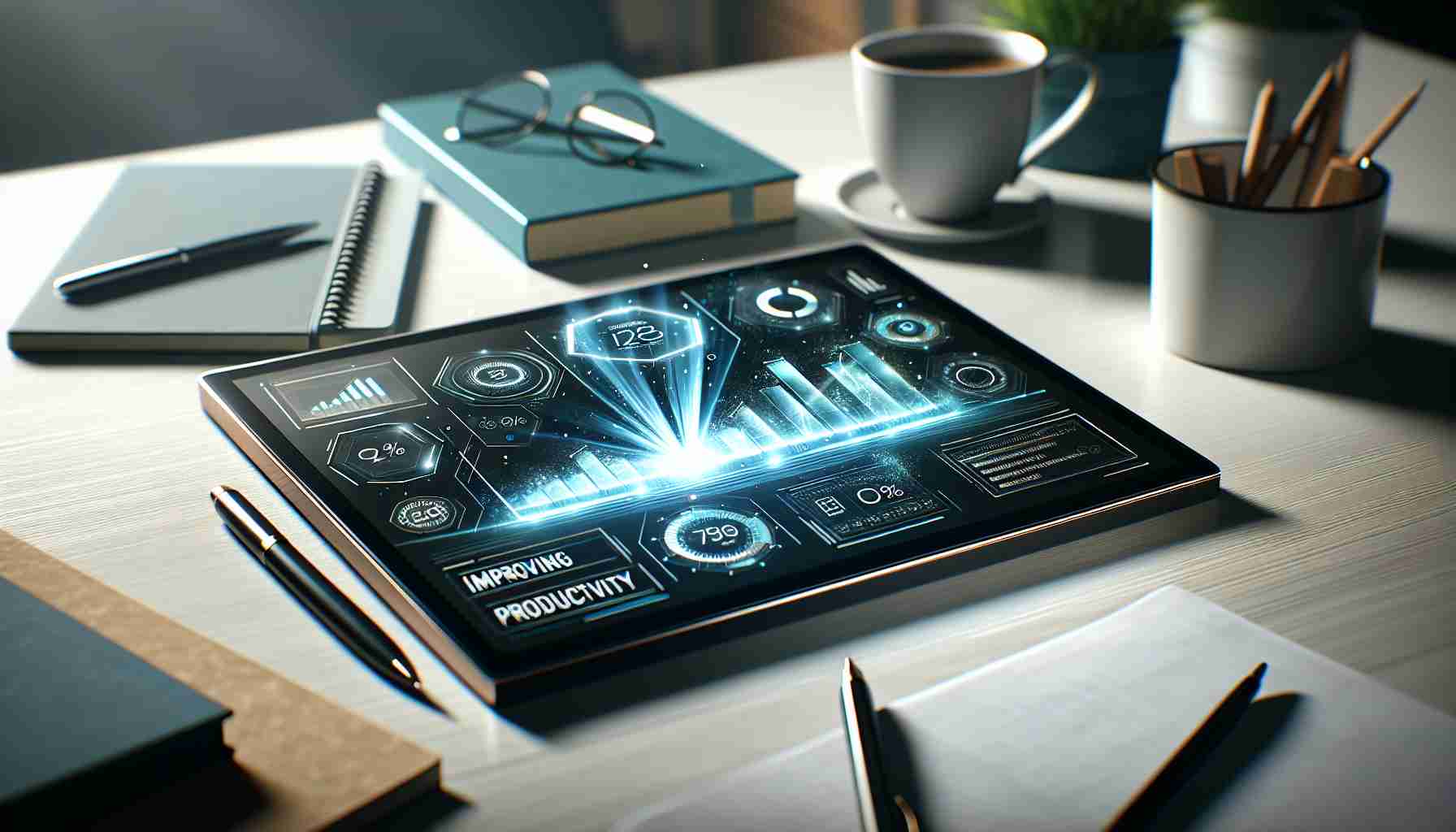 A high-definition, realistic image of a newly bought, cutting-edge digital device poised on a clean, well-lit desk. The device is switched on, with its screen brilliantly emanating light that shows a display of dynamic, compelling infographics. These infographics denote improving productivity rates and maximizing value. Surrounding the device are other work-related items such as a notebook and pen, a cup of hot coffee, and perhaps a pair of reading glasses, thus giving the idea of a productive work space.