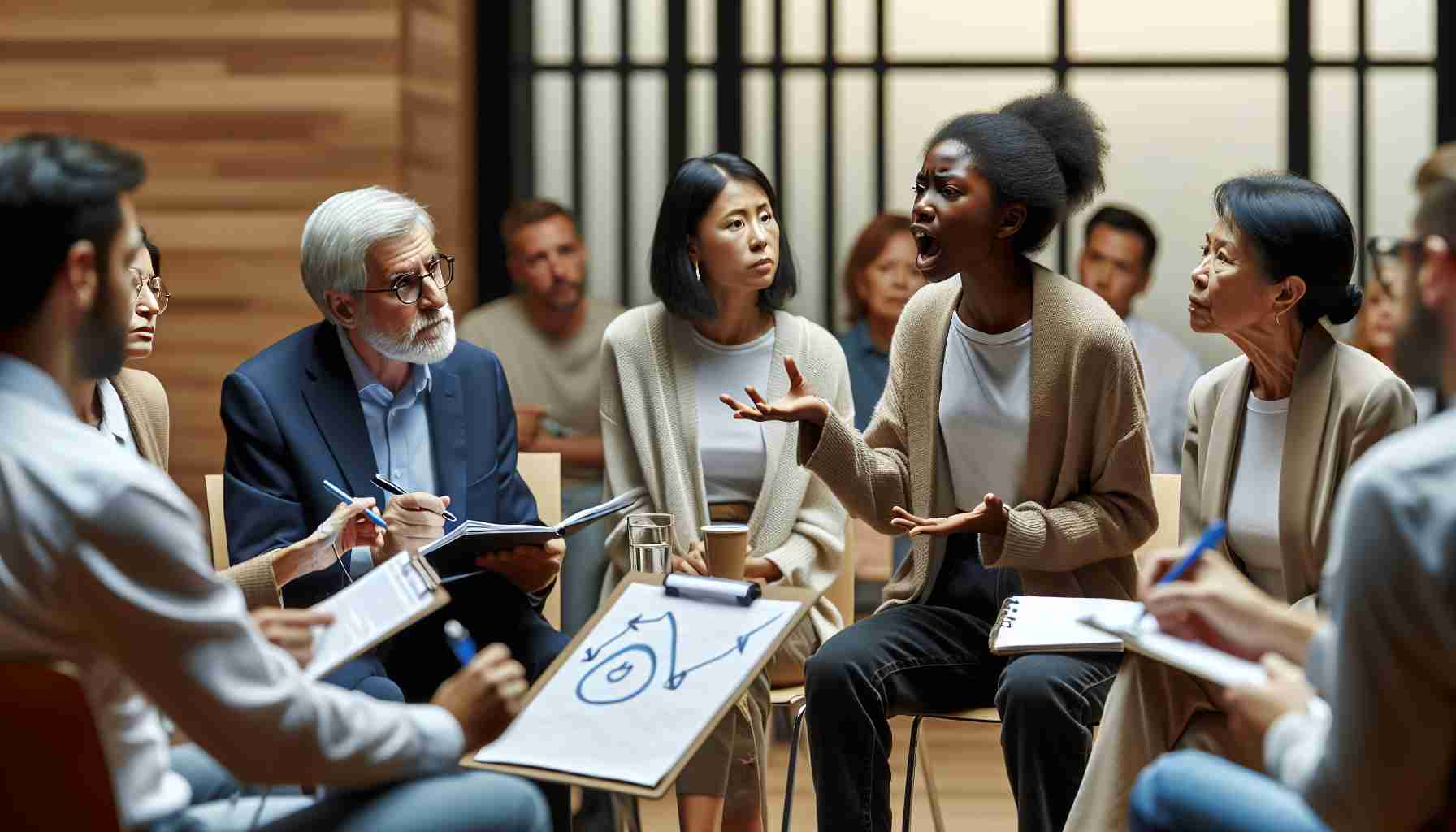 High-definition image of a neutral public forum where discourse on divisive topics is being addressed. The scene consists of a diverse group composed of a middle-aged South Asian male mediator, young black female participant passionately voicing her opinion, and an older Caucasian gentleman listening intently. Around them is a Hispanic woman conveying her point with a diagram on a flipchart and an East Asian man taking detailed notes. The atmosphere is of respectful and engaged discussion and the background suggests a commonly used public space, like a town hall.