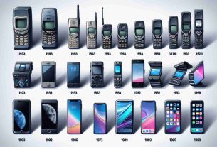 Create an image pursuing a realistic and high-definition perspective on the evolution of smartphone technology. Illustrate this process through various stages, separated by time, starting from large, clunky mobile phones of the past with minimal functionality, towards flip phones, succeeded by early smartphones with basic internet access and small screens, expanding to modern, sleek touchscreen phones that are plentiful with apps and advanced features, and finally proceeding to future concepts of foldable or holographic screens. Indicate each stage's respective era by its distinctive designs.