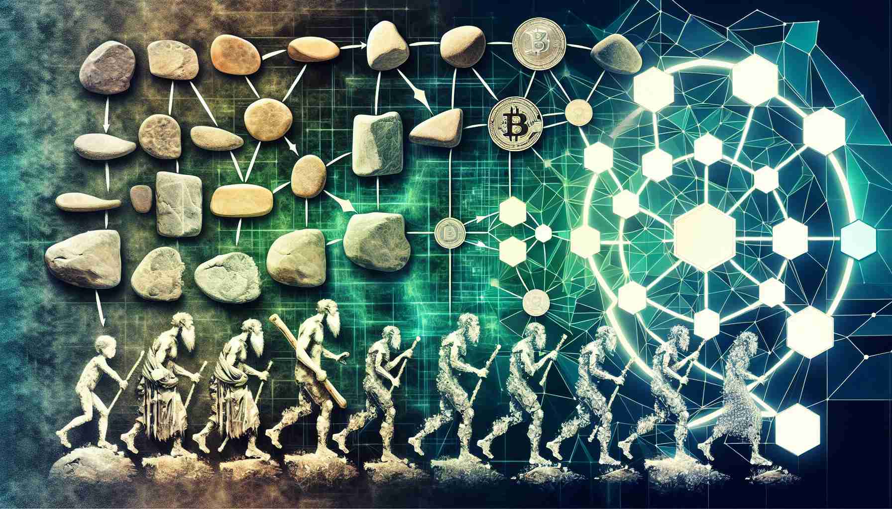 Generative HD image that represents the evolution of decentralized governance within blockchain systems. The scene should show an ancient civilization using stones or similar materials for transactions signifying the early state of human governance. This evolves through different stages like bartering, use of coins, paper money, and digital representation of currency, ending with a modern, abstract blockchain network. The blockchain could represented by interconnected geometric shapes, with each node showing a unique decision-making power illustrating the concept of decentralized governance.