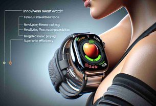 A high-definition, realistic illustration featuring the innovative attributes of a fresh model of a smartwatch, named 'X'. The image should showcase the watch's sleek design on the wrist of a person and highlight its special features including a vibrant touchscreen interface, revolutionary fitness tracking capabilities, integrated music playing functionality, and superior battery efficiency. The smartwatch should gleam with a polished metal finished body wrapped around an angular band. The person wearing the watch can be a Middle-Eastern woman in casual attire.