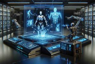 High-definition image of a groundbreaking training setting for robots. The scene portrays an artificial intelligence system generating realistic illustrations to aid in the training process. The central area of the composition contains a robot mid-training, receiving instructions from a complex AI system in the background. The AI machine showcases a large digital screen, emanating holographic images that the robot is interacting with. This image encapsulates the futuristic advancements in technology, specifically in the robotics and AI field.