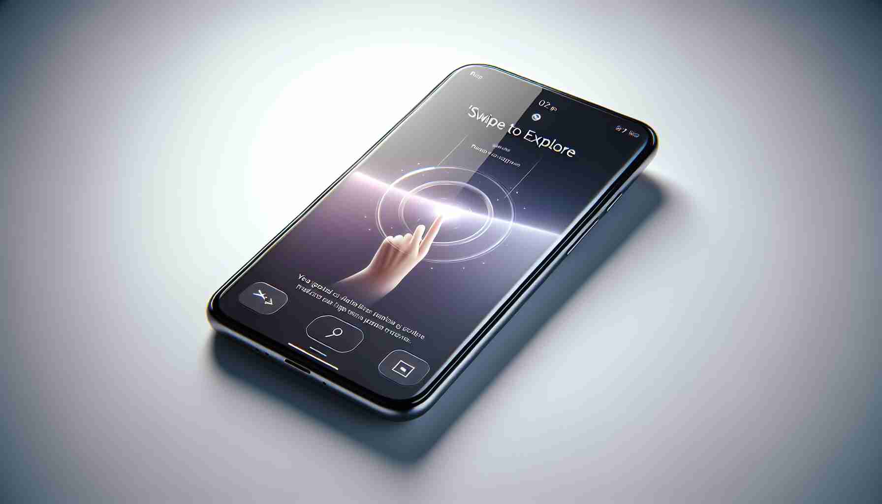 Create a realistic high-definition image of a novel user experience: the 'Swipe to Explore' feature, illustrated on the screen of a sleek, cutting-edge smartphone model. The phone should be angled in a way that demonstrates this feature, with visual elements on the screen suggesting a swipe action. The background should be minimalist, possibly a simple gradient or solid color to emphasize the phone and screen content. The smartphone should look modern and premium, possibly featuring a glass and metal construction.