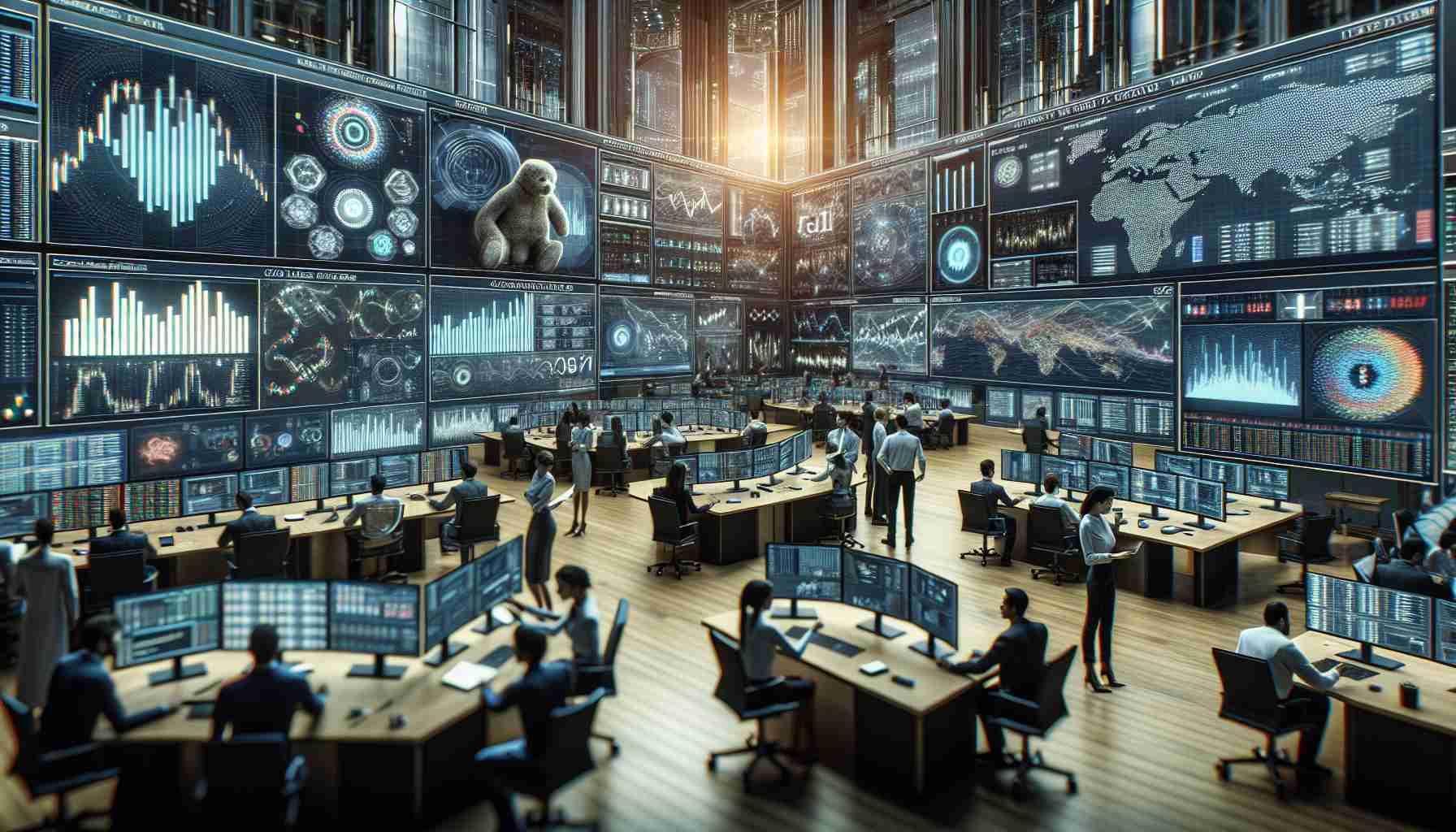 An ultra high-definition, hyperrealistic image showcasing the impact of innovation and technology on the future of financial markets. Picture an elaborate, modern trading floor bustling with activity. See multiple screens displaying real-time market data and advanced analytics. Observe a diverse group of traders and analysts: a Hispanic woman analyzing data on her workstation, a Caucasian man engaged in a strategic conversation with a Middle Eastern colleague, a black woman leading a meeting, and a South Asian man poring over financial reports. In the background, visualizations of AI algorithms, blockchain technologies, and futuristic financial instruments can be seen.