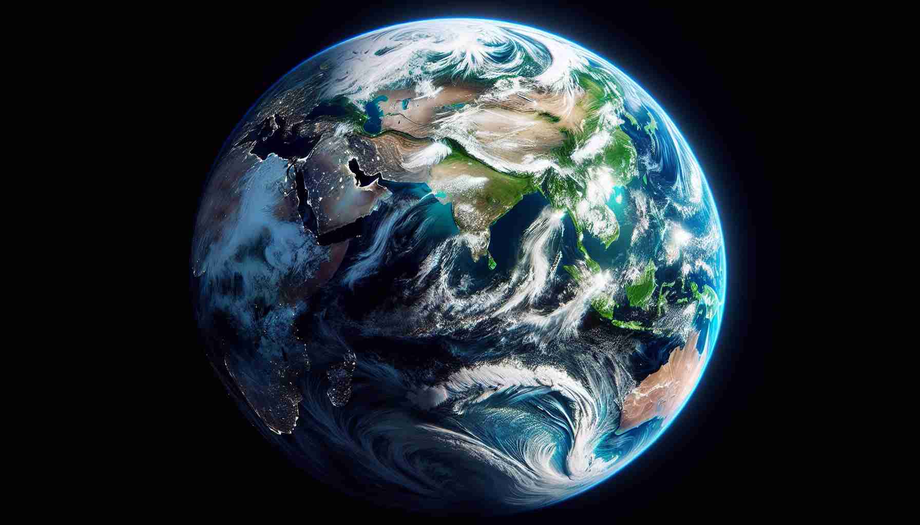 Generate a high definition, realistic image capturing the magnificent view of Earth as seen from space. The planet should be glowing with vibrant hues of blues, whites, and greens, demonstrating its diverse landscapes - the deep blue oceans meeting the green continents and wrapped by the white clouds. The black abyss of space should serve as a stark contrast to the Earth's shimmering beauty.