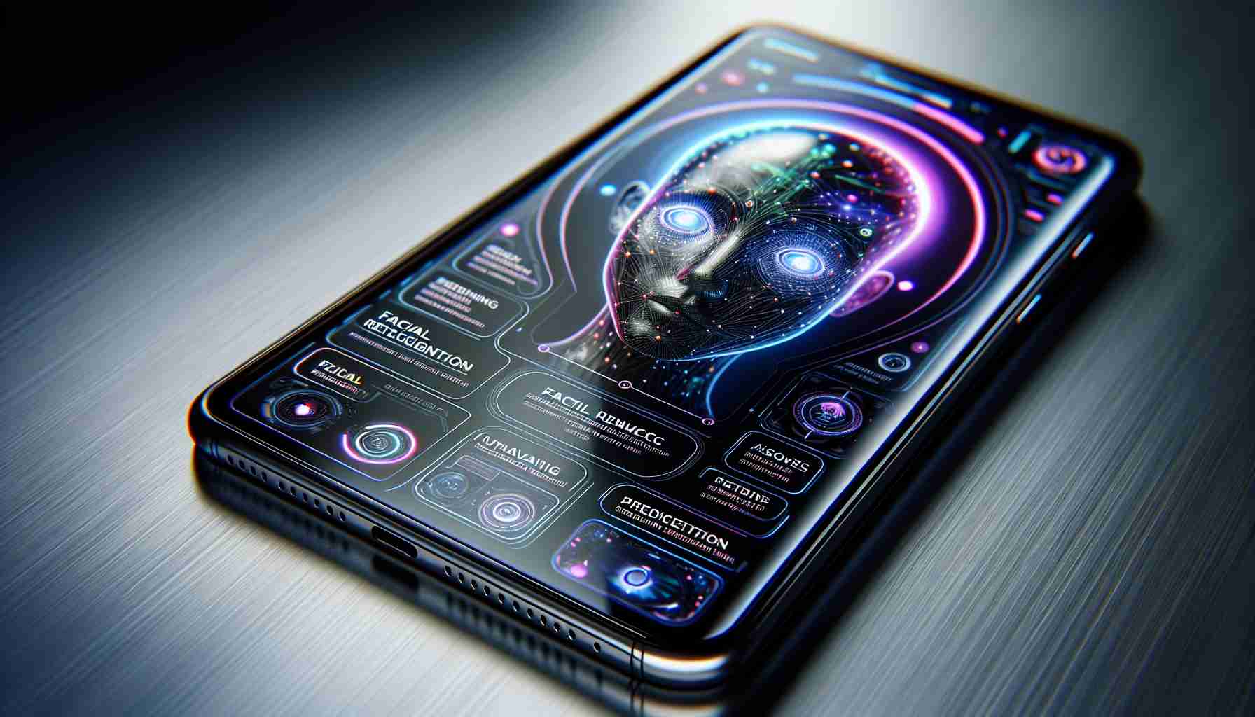 A highly detailed, HD photo of a cutting-edge smartphone exhibiting advanced AI features. The smartphone sits on a sleek metal surface, the luminescent screen showcasing exciting AI software, such as facial recognition and predictive texting. Bright infographics detail these novel functions, a visual triumph of technology, marrying smooth design aesthetics with groundbreaking artificial intelligence capabilities.