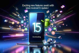 A high-definition image depicting the excitement of the latest Android 15 update. Showcase a modern smartphone on a reflective surface, with the screen lit up displaying the Android 15 logo. Meanwhile, add an array of vibrant icons, signifying the exciting new features, flying out from the screen. Incorporate background elements suggesting high-speed update downloading, perhaps with futuristic digital lines or streaks of light. A text banner overhead reads: 'Exciting New Features Await with the Latest Android 15 Update!'. Create the visuals in a realistic and modern 3-D style.