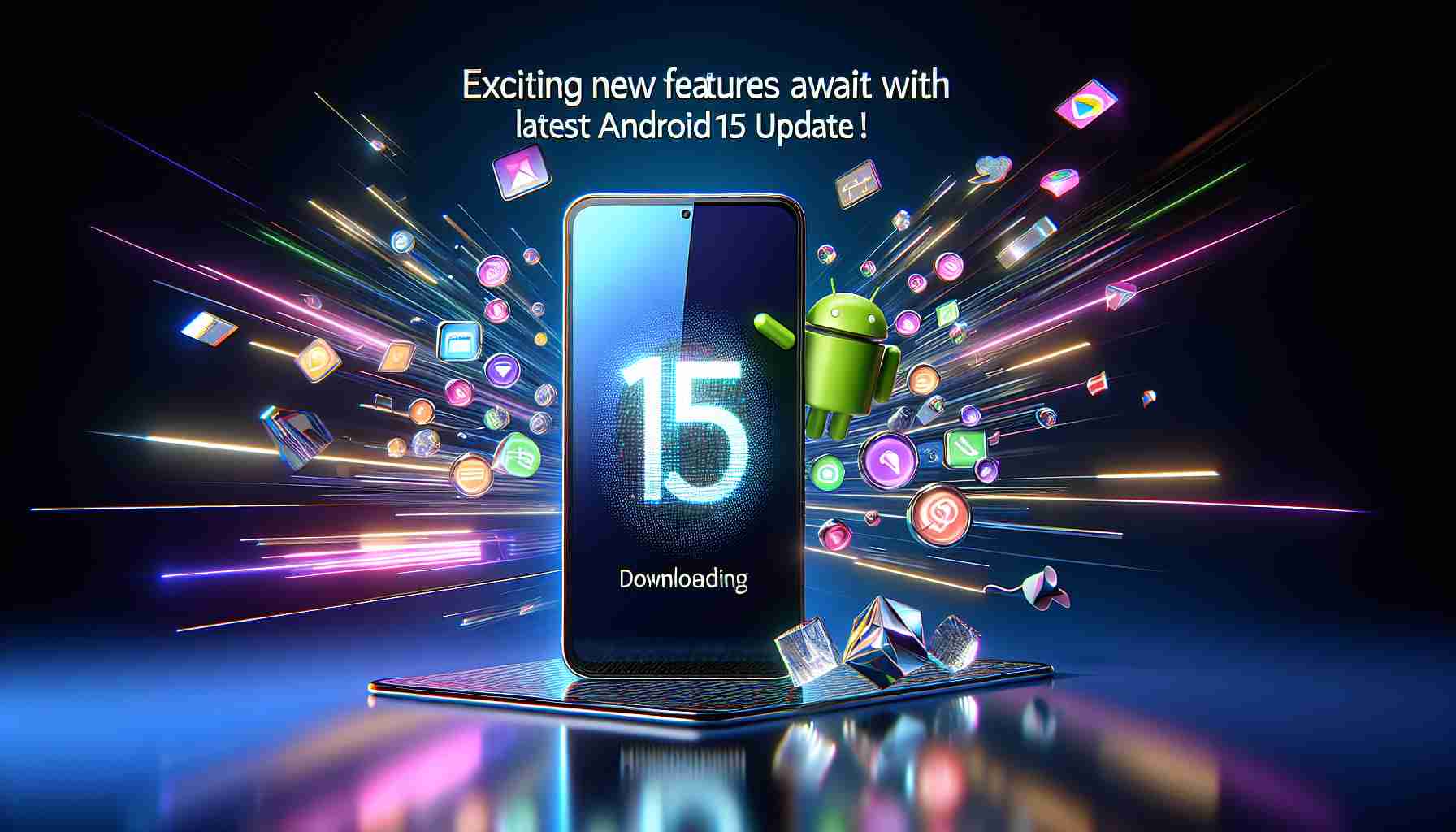 A high-definition image depicting the excitement of the latest Android 15 update. Showcase a modern smartphone on a reflective surface, with the screen lit up displaying the Android 15 logo. Meanwhile, add an array of vibrant icons, signifying the exciting new features, flying out from the screen. Incorporate background elements suggesting high-speed update downloading, perhaps with futuristic digital lines or streaks of light. A text banner overhead reads: 'Exciting New Features Await with the Latest Android 15 Update!'. Create the visuals in a realistic and modern 3-D style.