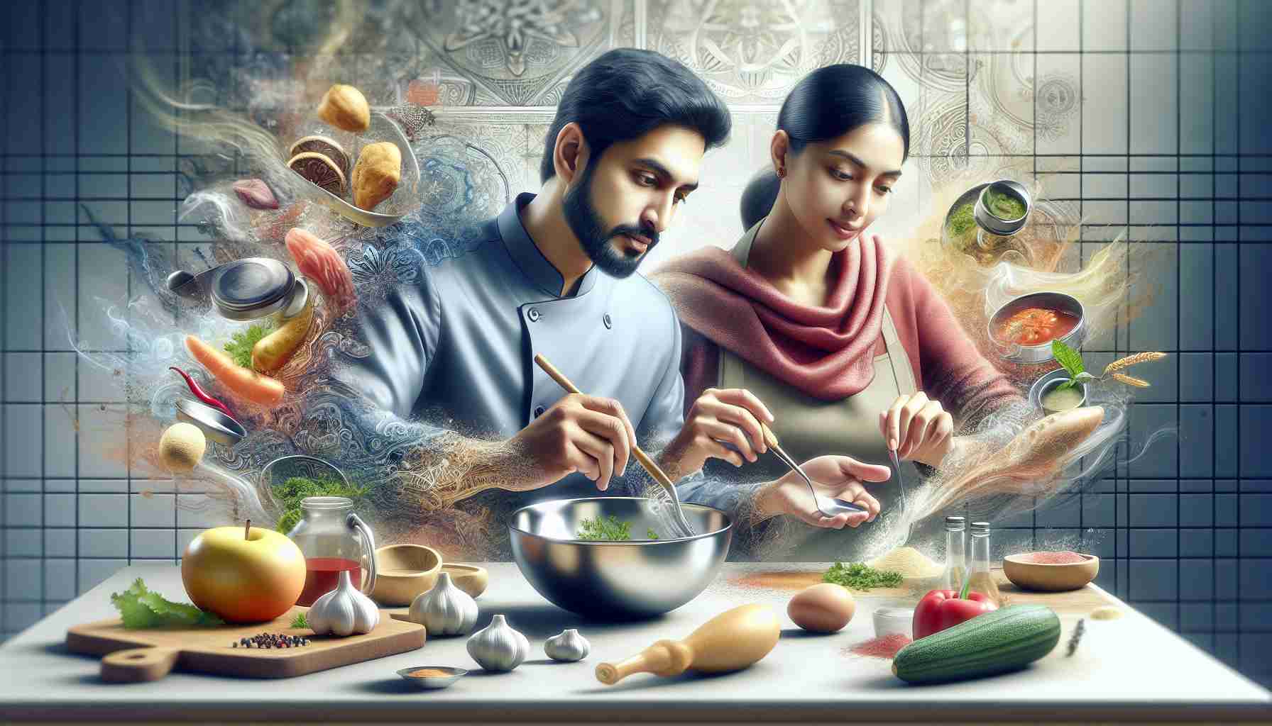 An HD, realistic illustration of a close-up scene showcasing a fusion of multiple culinary arts. Picture a pristine, gleaming kitchen counter studded with a variety of ingredients from around the world, representing different cuisines. A South Asian woman and a Middle Eastern man are displayed in the process of collaboration, amalgamating their respective regional culinary arts to concoct a delicately balanced fusion dish. They are absorbed in their task, their faces showing a blend of concentration and delight, embodying the spirit of culinary fusion.